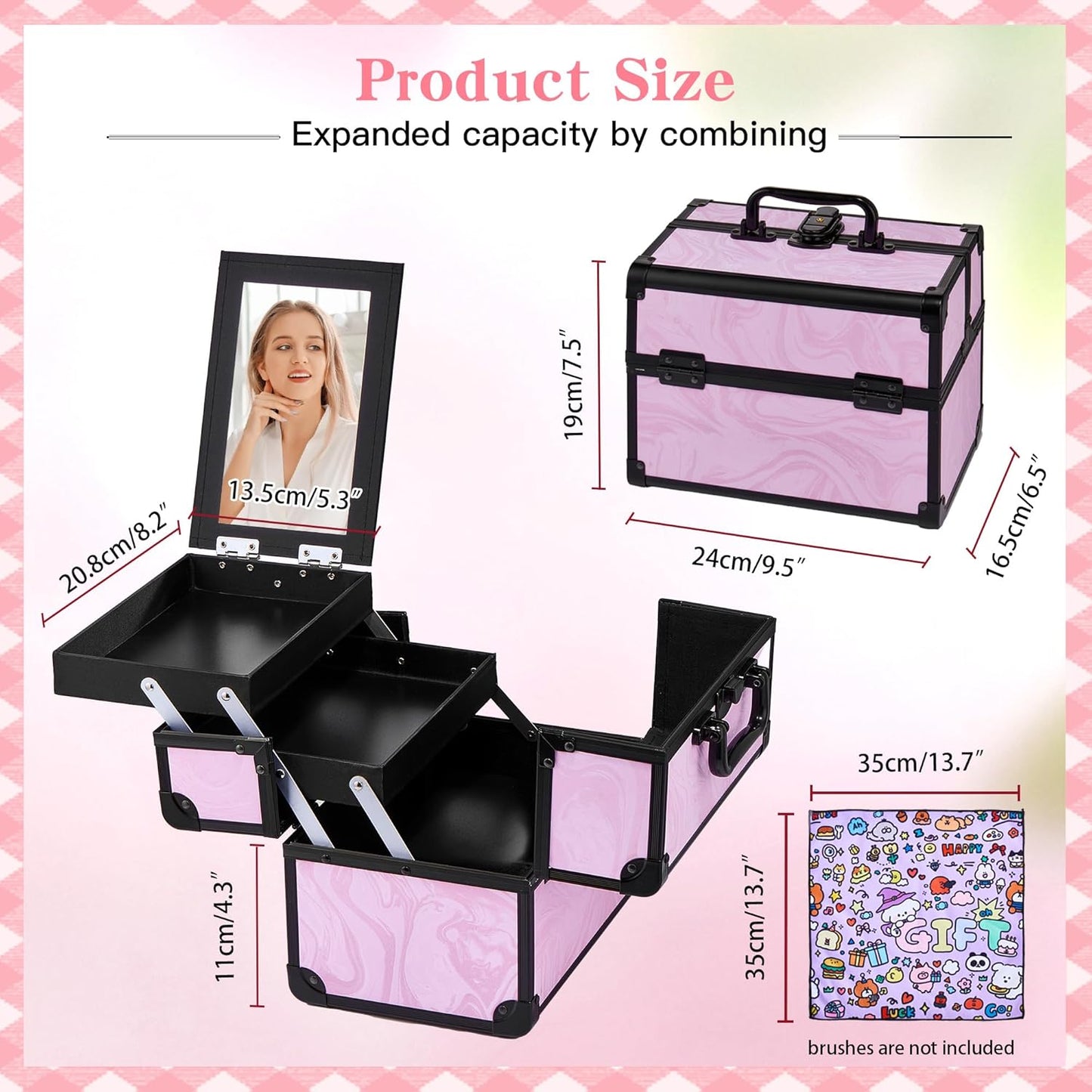 Makeup Train Case, Portable Makeup Case with Mirror, 2-Trays Cosmetic Organizer Case,Nail Polish Organizer, Travel Makeup Box, Profesional for Salon Barber, Pattern Black Pink