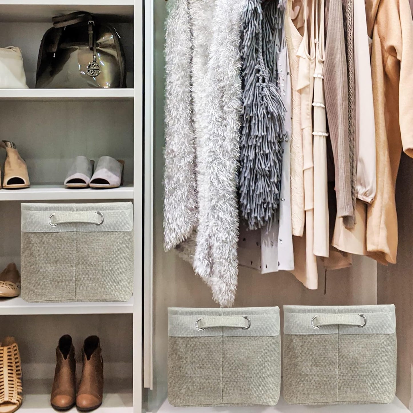 Simple Houseware 14.4" x 10" Fabric Storage Bin with Handles, 3-Pack, Foldable Organizer for Closet and Shelf, Beige