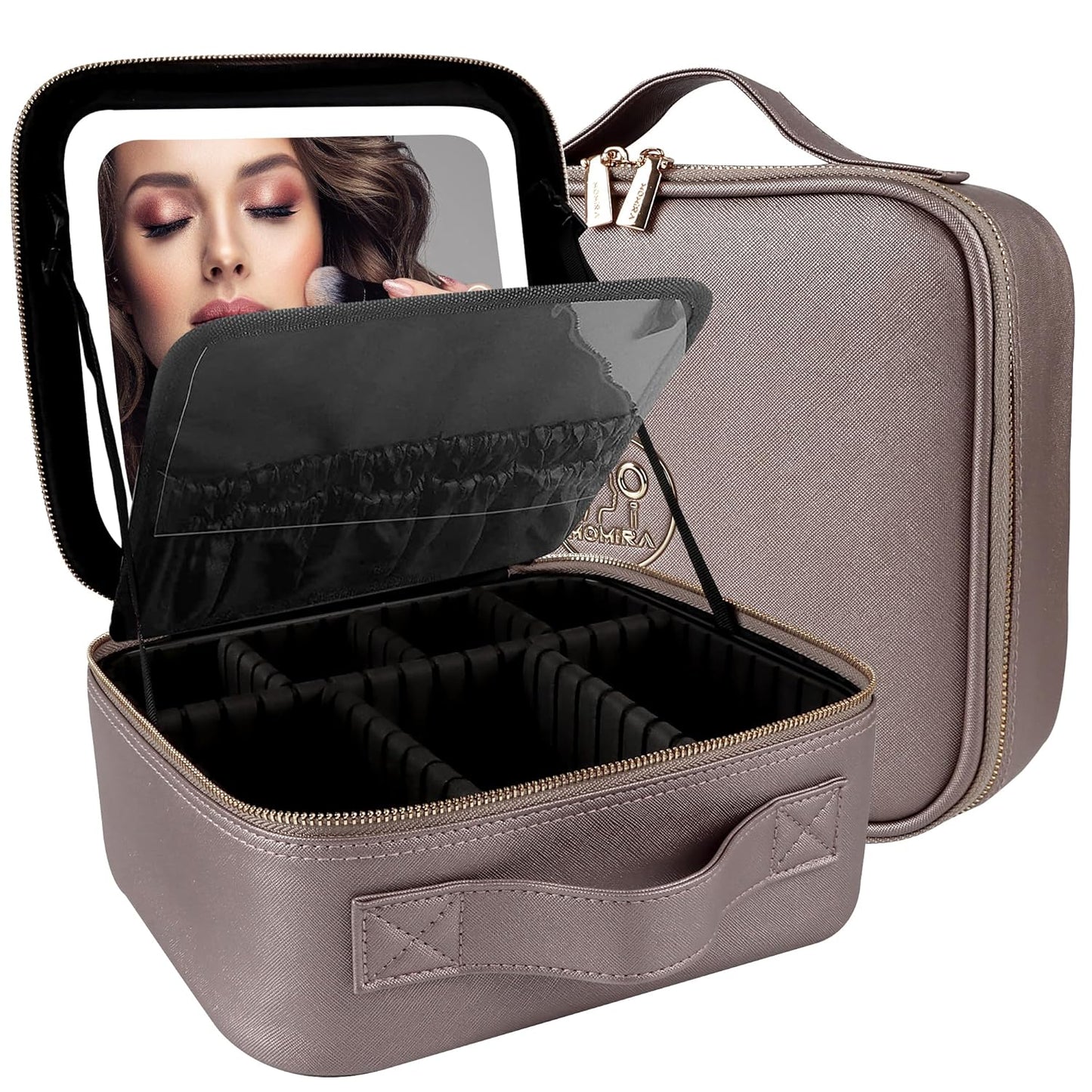 MOMIRA Travel Makeup Bag Cosmetic Bag Makeup Organizer Bag with Lighted Mirror, Adjustable Brightness in 3 Color Scenarios, Waterproof Makeup Train Case, Gift for Women - Pearl Light Gray