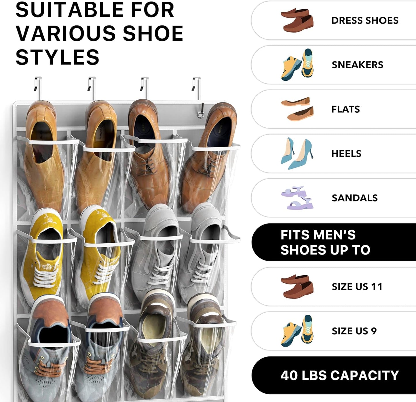 Simple Houseware 24 Pockets Large Clear Pockets Over The Door Hanging Shoe Organizer, Gray (56" x 22.5")