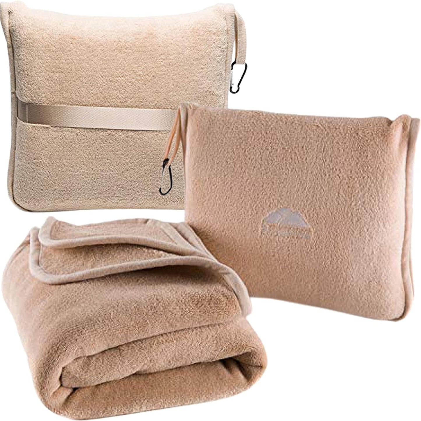 BlueHills Premium Soft Travel Blanket Pillow Airplane Blanket Packed in Soft Bag Pillowcase with Hand Luggage Belt Backpack Clip Compact Pack Large Portable Flight Throw Beige T005