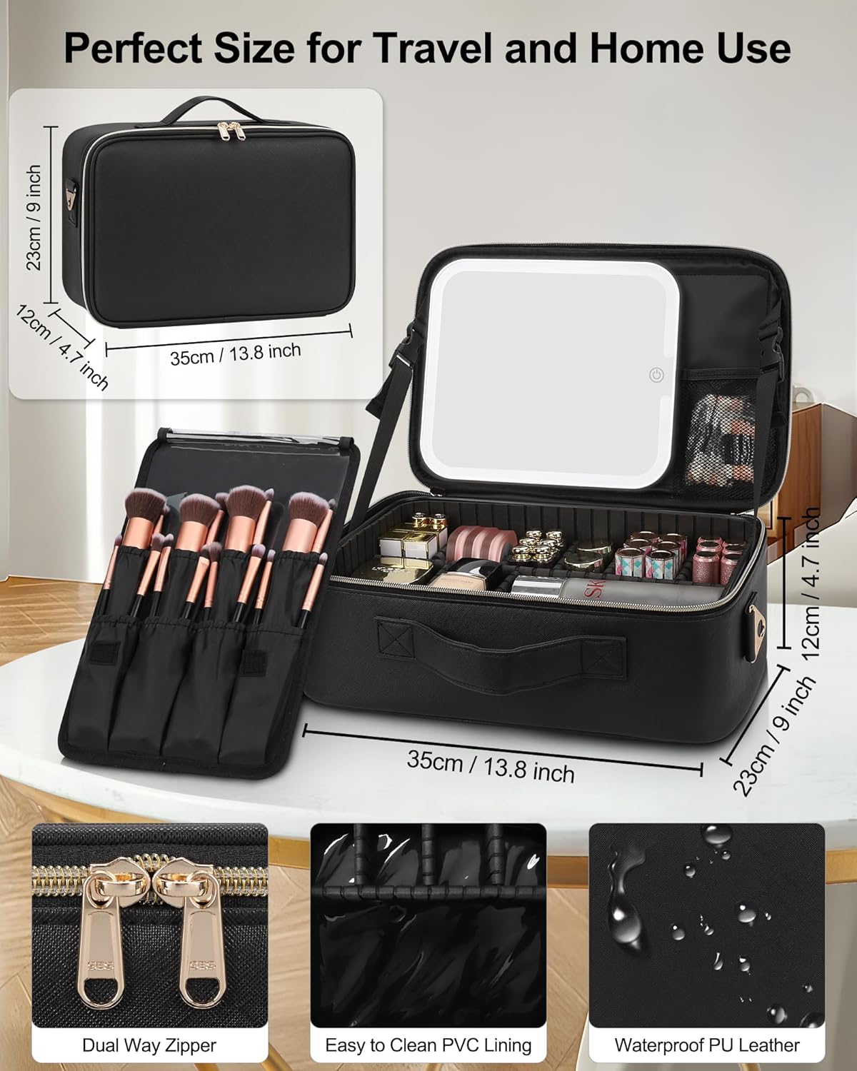 Chomeiu Makeup Bag with LED Mirror, Travel Cosmetic Train Case for Women, Makeup Artists Large Organizer Box with Vanity Light Up Mirror, 3 Color Lights, Adjustable Dividers & Shoulder Strap (Black)