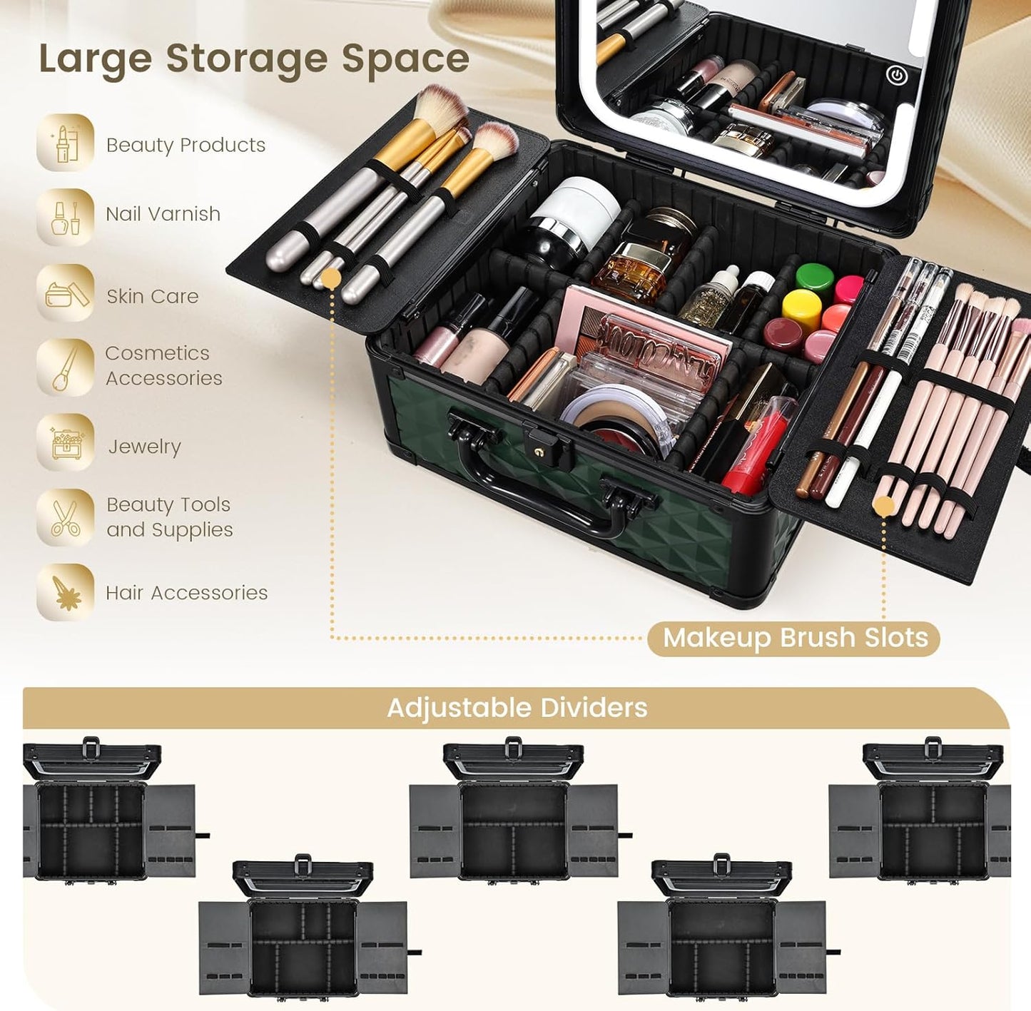 Makeup Box with Magnetic Lighted Up Mirror Makeup Organizer Box Travel Cosmetic Case Portable Vanity with 3 Colors LED MirrorMake up Suitcase with Lockable Keys Dividers Brush Holder Dark Green