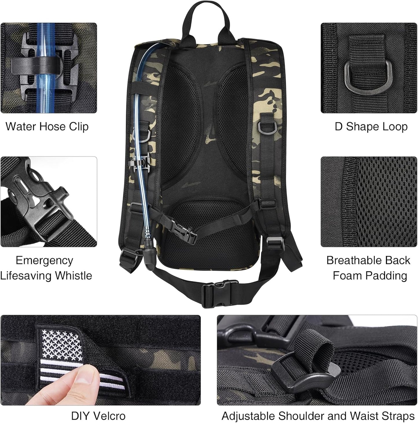 GENILU Tactical Hydration Backpack with 3L Water Bladder, Lightweight Molle Water Backpack Daypack for Men Women