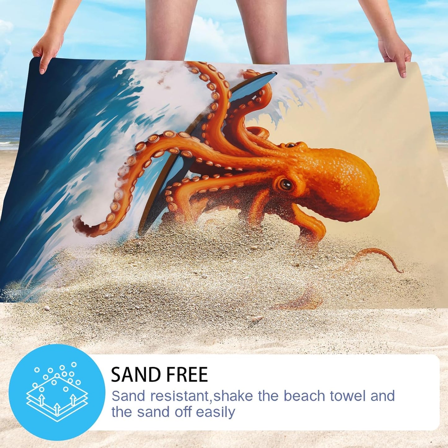 WZOMT Microfiber Octopus Beach Towel, Funny Octopus Surfing Ocean Animal Print Bath Towel for Kids Adults, Orange Blue Quick Dry Sandproof Towels for Swim/Travel/Pool, Oversized 32x52 Inch