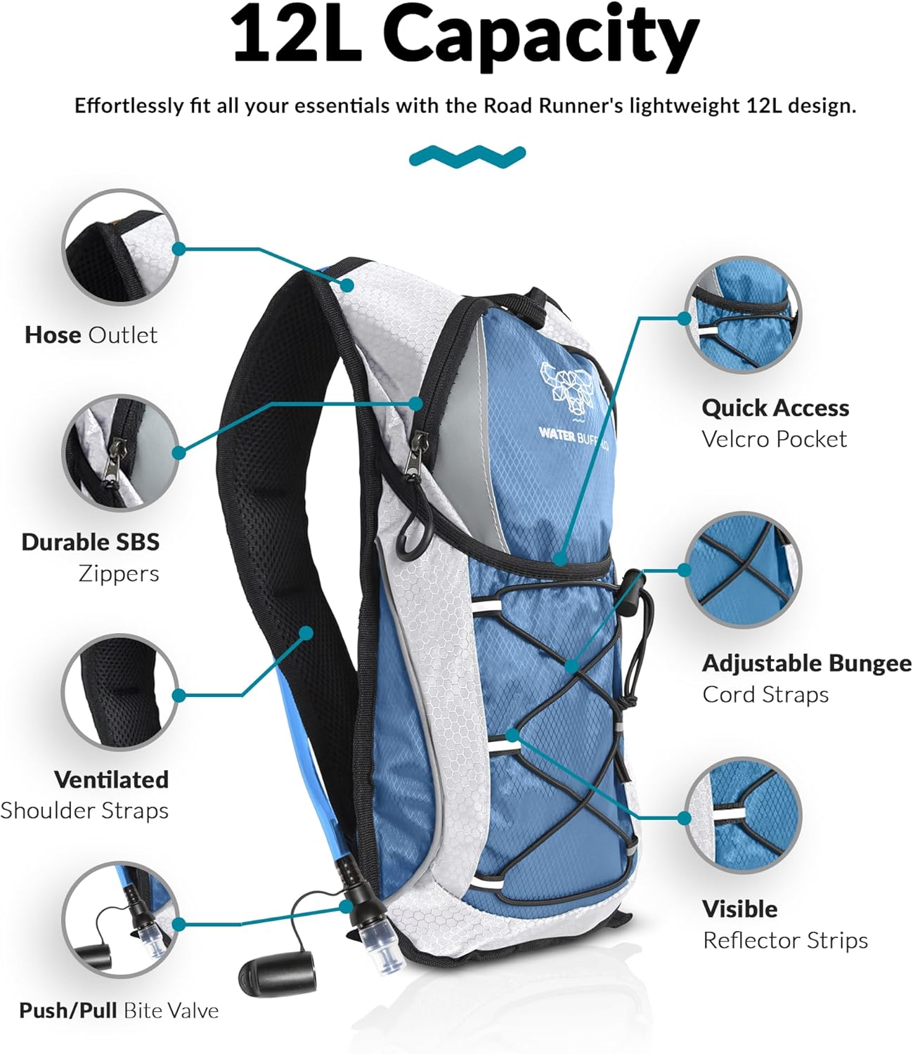 Water Buffalo Hydration Backpack - Lightweight Hydration Pack with 2L Water Bladder - Water Backpack for Hiking, Running, Biking, and Raves - Road Runner 12L Hydropack Backpack