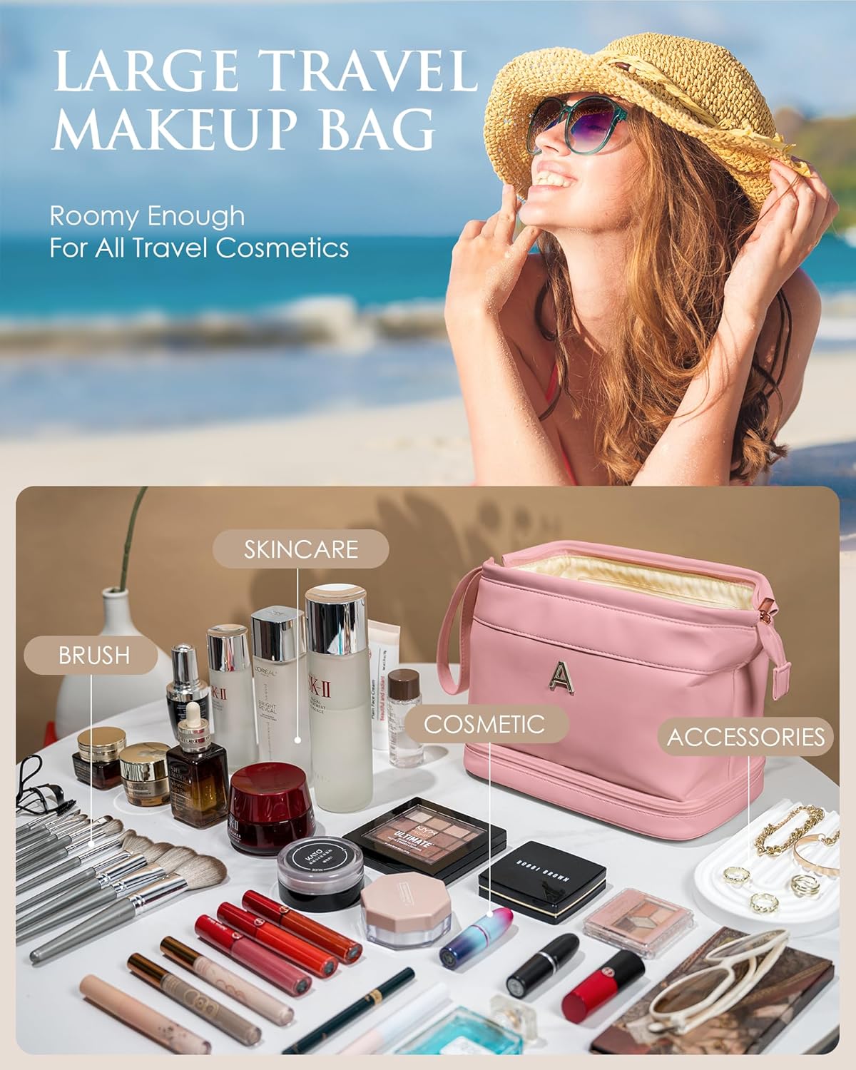 Gifts for Teacher-Initial Makeup Bags, Personalized Double Layer Cosmetic Bag with Makeup Brush Organizer, Women Birthday Gifts, Large Capacity PU Leather Toiletry Bag, Gifts for Friends