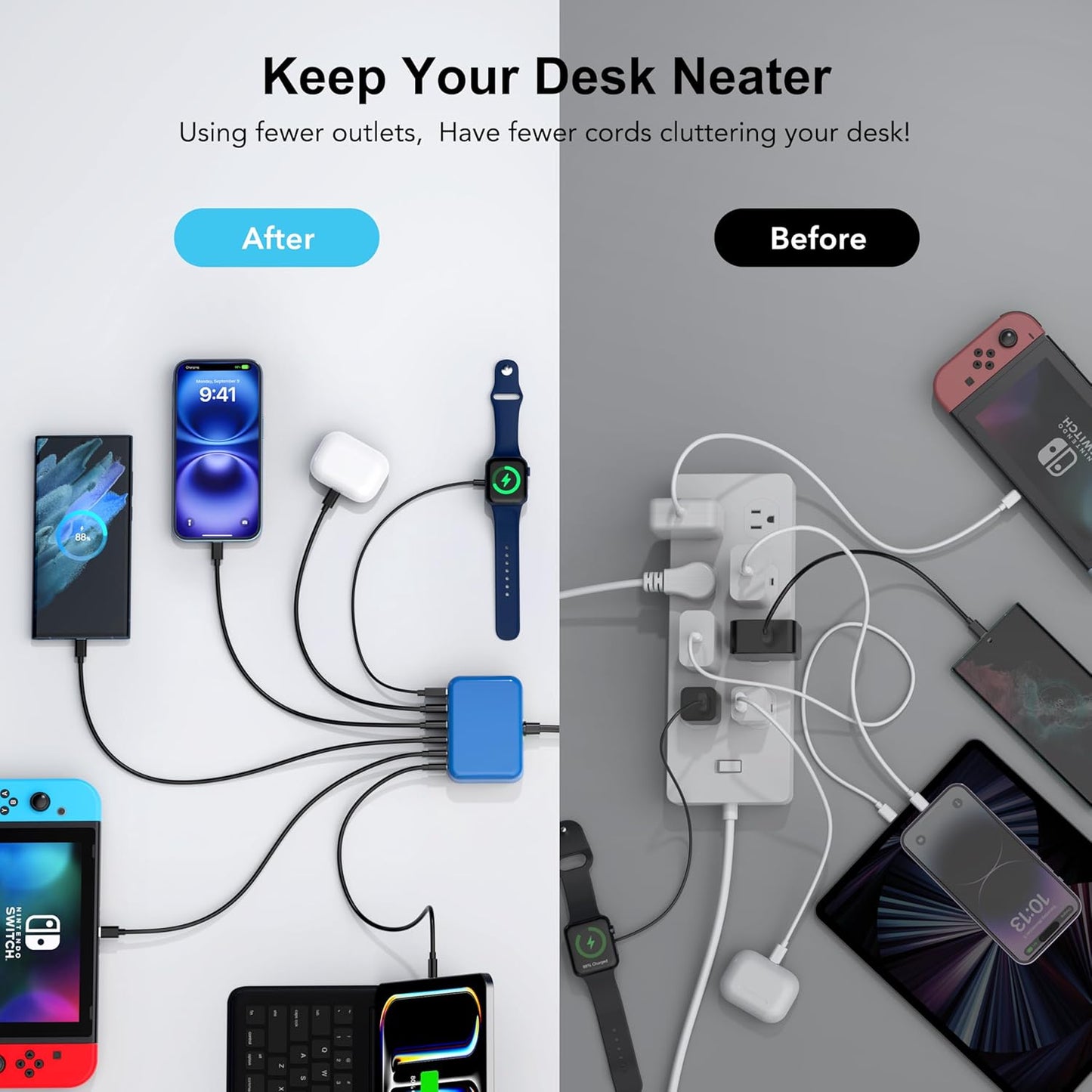 USB C Fast Charger 100W GaN 6 Port Type USB C Charging Station Hub Block Wall Charger Power Strip Adapter Plug Cube Brick 3 USB A for iPad iPhone16 15 14 13 12 11 Pro Max Pixel Note Galaxy