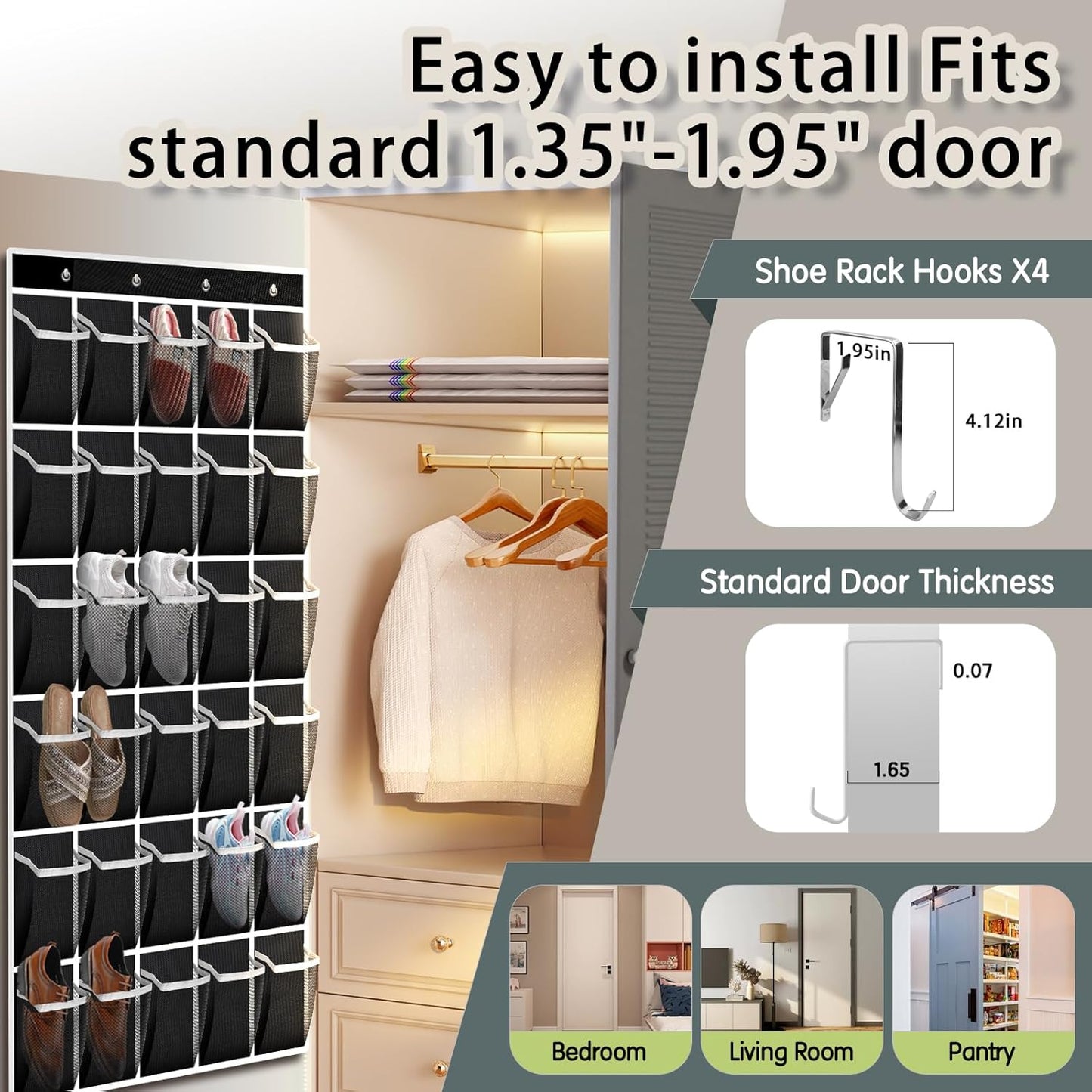 Over the Door Shoe Organizer with 30 Breathable Mesh Pockets - Large Capacity Closet Storage for Men & Women, Hanging Shoe Rack Organizer -Black