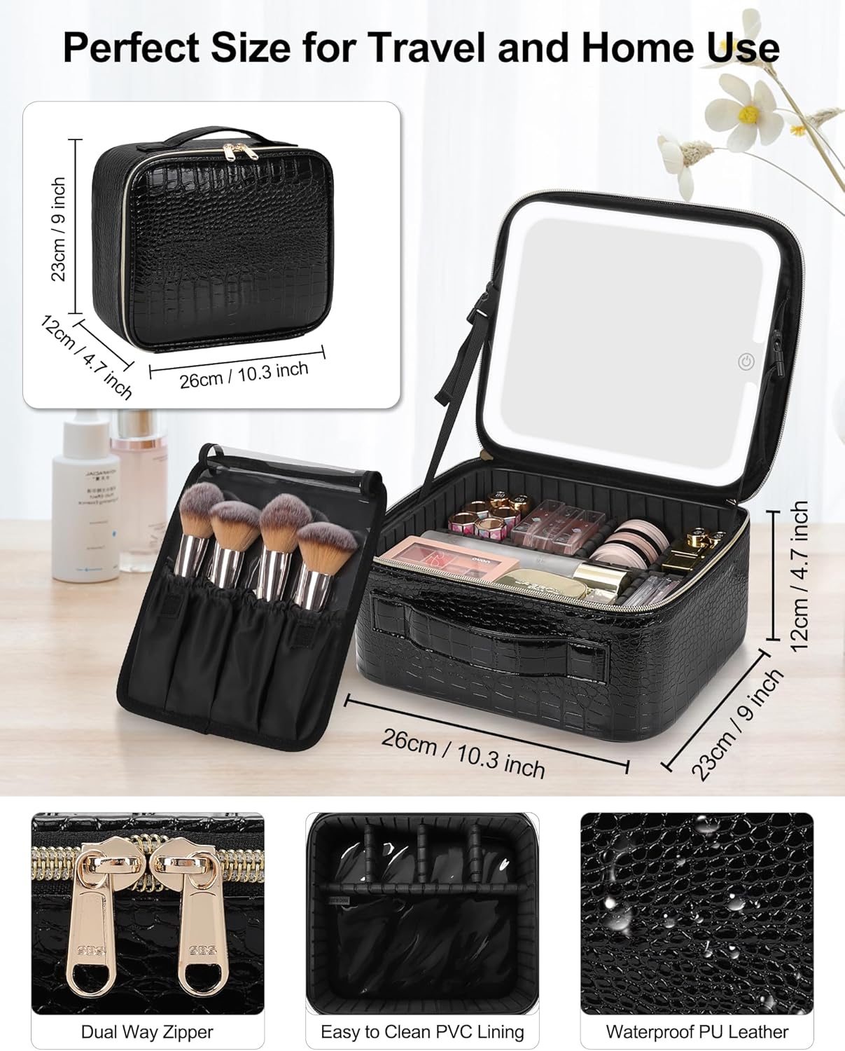 Chomeiu Makeup Bag with LED Mirror, Travel Makeup Case for Women and Makeup Artists Cosmetic Organizer Large Make Up Bags with Light Up Mirror, 3 Color Lights, Adjustable Dividers, Crocodile Pattern