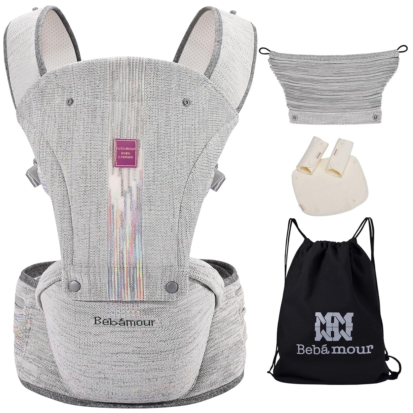 Bebamour Baby Carrier Newborn to Toddler with Hip Seat Baby Carrier Front and Back Carry Carrier with Head Hood, 3 PCS Teething Pads,Storage Bag (Gray-Knit)
