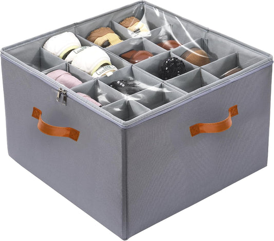 Shoe Organizer for Closet, Fits up to 16 Pairs Shoe Storage, Clear Foldable Shoe Containers Boxes Bins Baskets with Adjustable Dividers and Clear Cover Grey