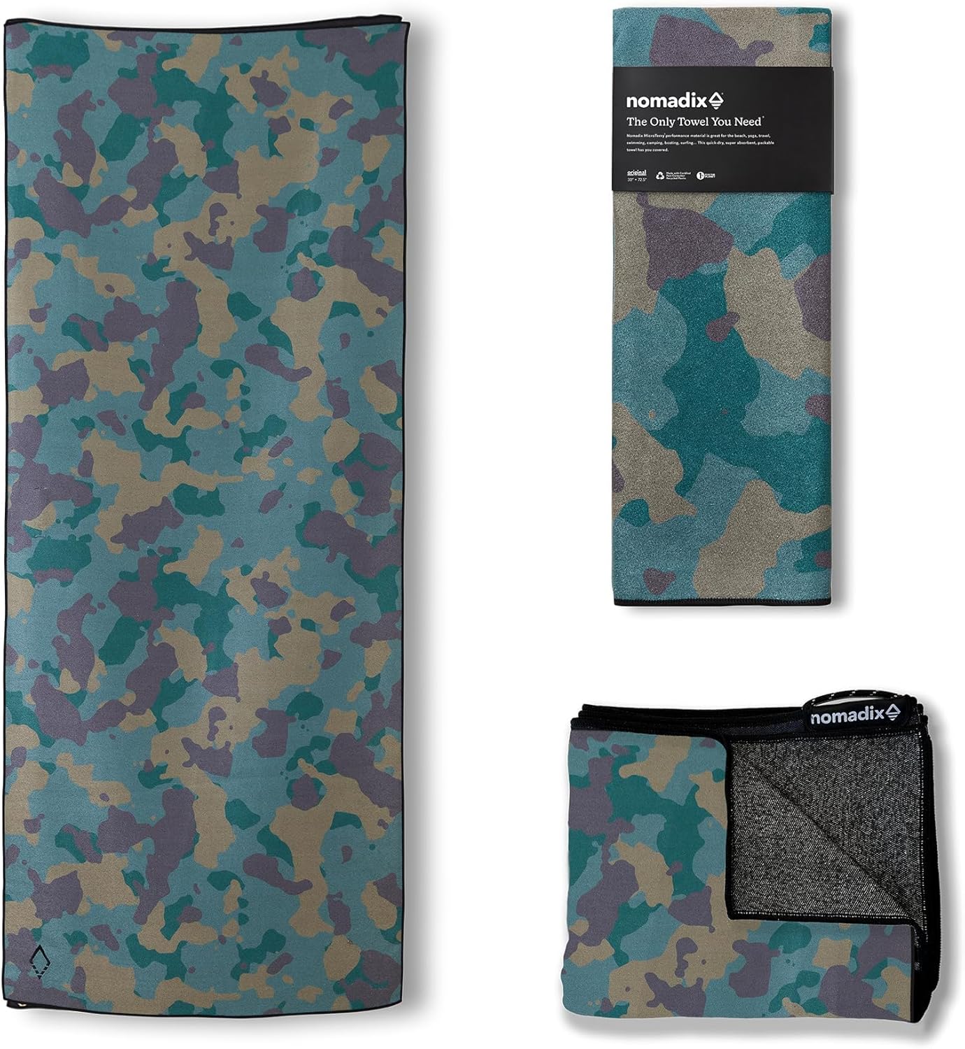 Nomadix Original Towel - Perfect for Beach, Pool, Travel, Camping, Yoga - Made with Recycled Materials - Super Absorbent - Sand Resistant - Camo Green - 72.5" x 30"