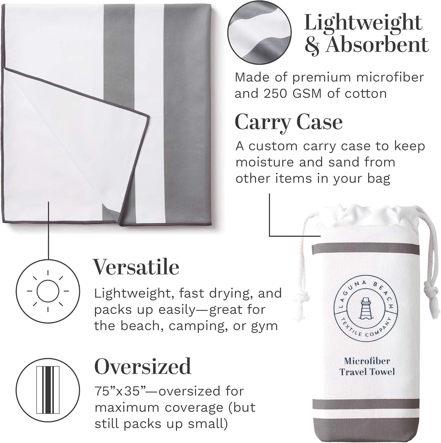 Gray Microfiber Beach Towel by Laguna Beach Textile Co - Sand Free, Light Weight Striped Pool Towel - Perfect for Yoga, Gym, Beach, Pool - Extra Large, 35" x 75" - Quarry Gray