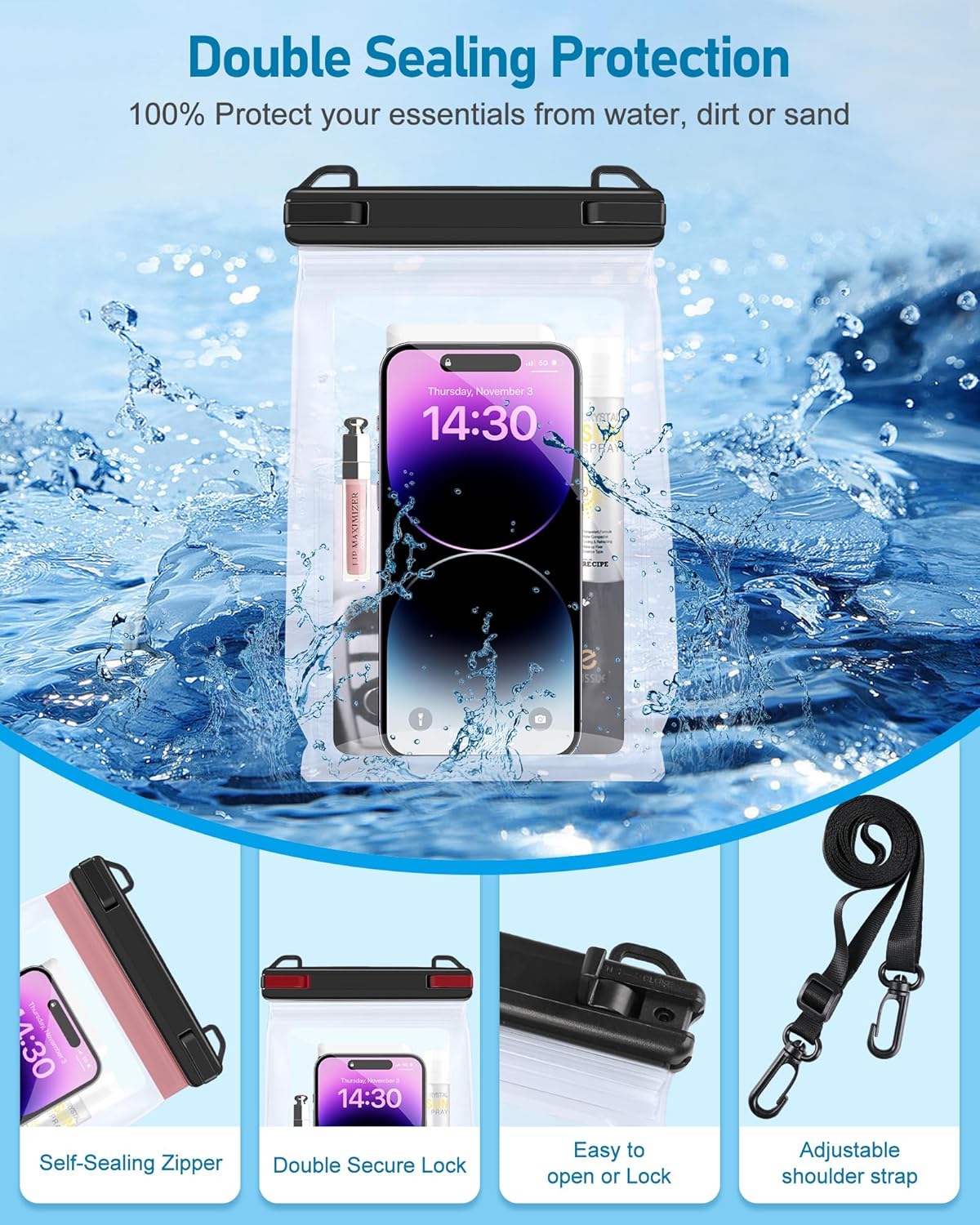 Large Waterproof Phone Pouch, Floating Dry Bag for iPhone 14 13 12 Pro Max Galaxy S22 S21 Large Capacity Waterproof Bag Sunscreen Glasses Storage Universal Dry Pouch for Swimming Rafting Boating