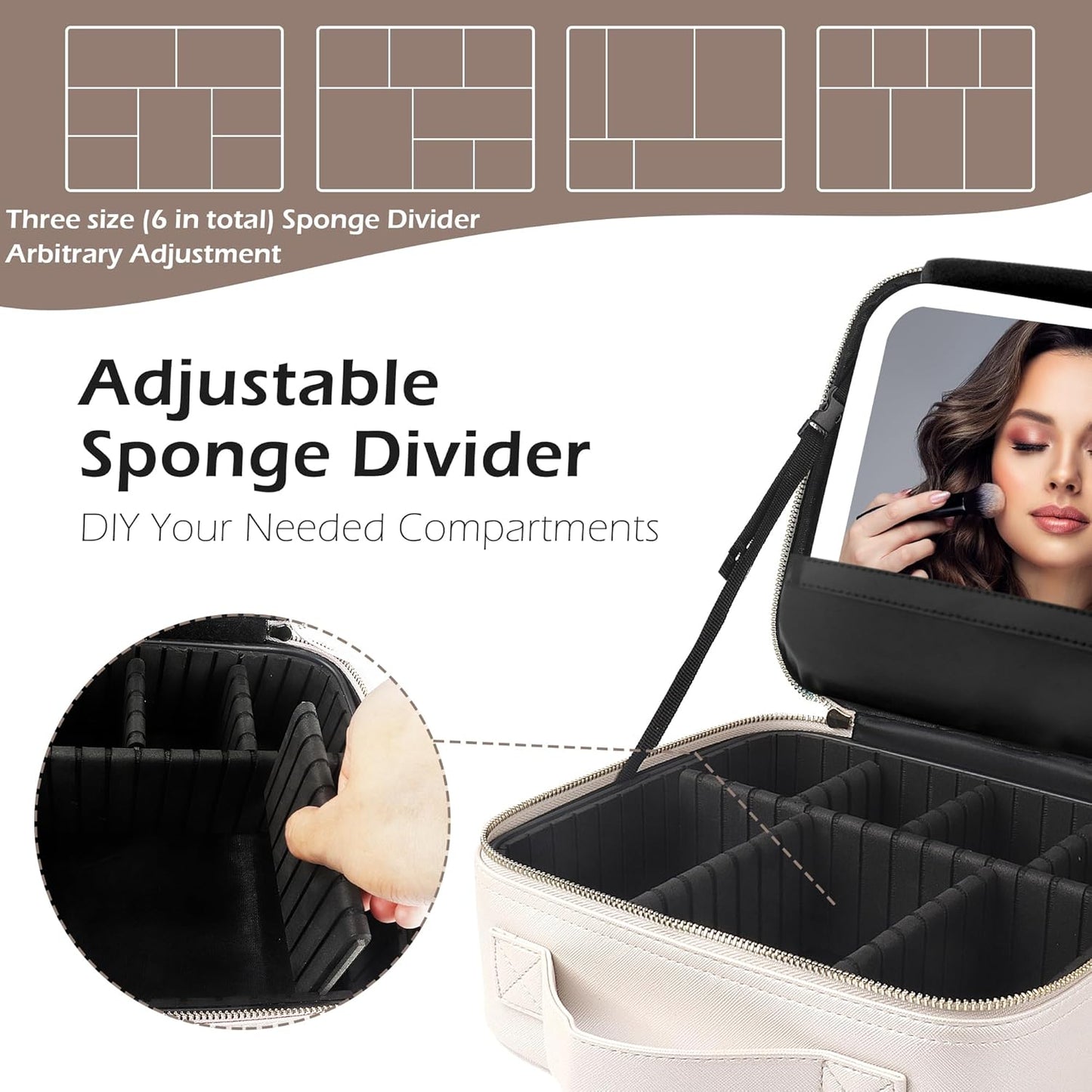 MOMIRA Travel Makeup Bag Cosmetic Bag Makeup Organizer Bag with Lighted Mirror, Adjustable Brightness in 3 Color Scenarios, Waterproof Makeup Train Case, Gift for Women - Khaki