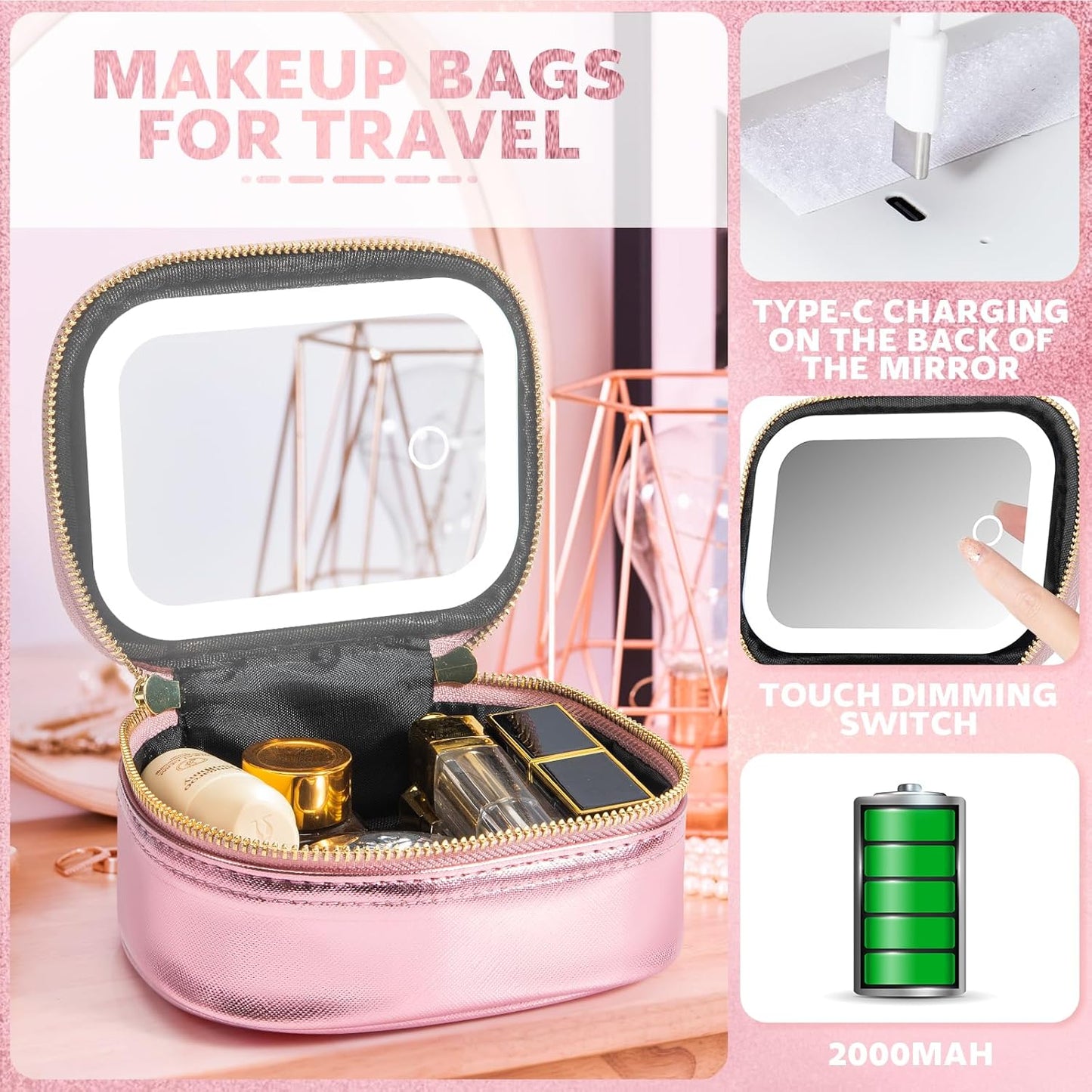 Small Makeup Bag Travel Train Case with Mirror and Light Mini Travel Make up for Women Train Case Cosmetic Organizer 3 Adjustable Brightness Toiletry Bag Portable Artist Storage