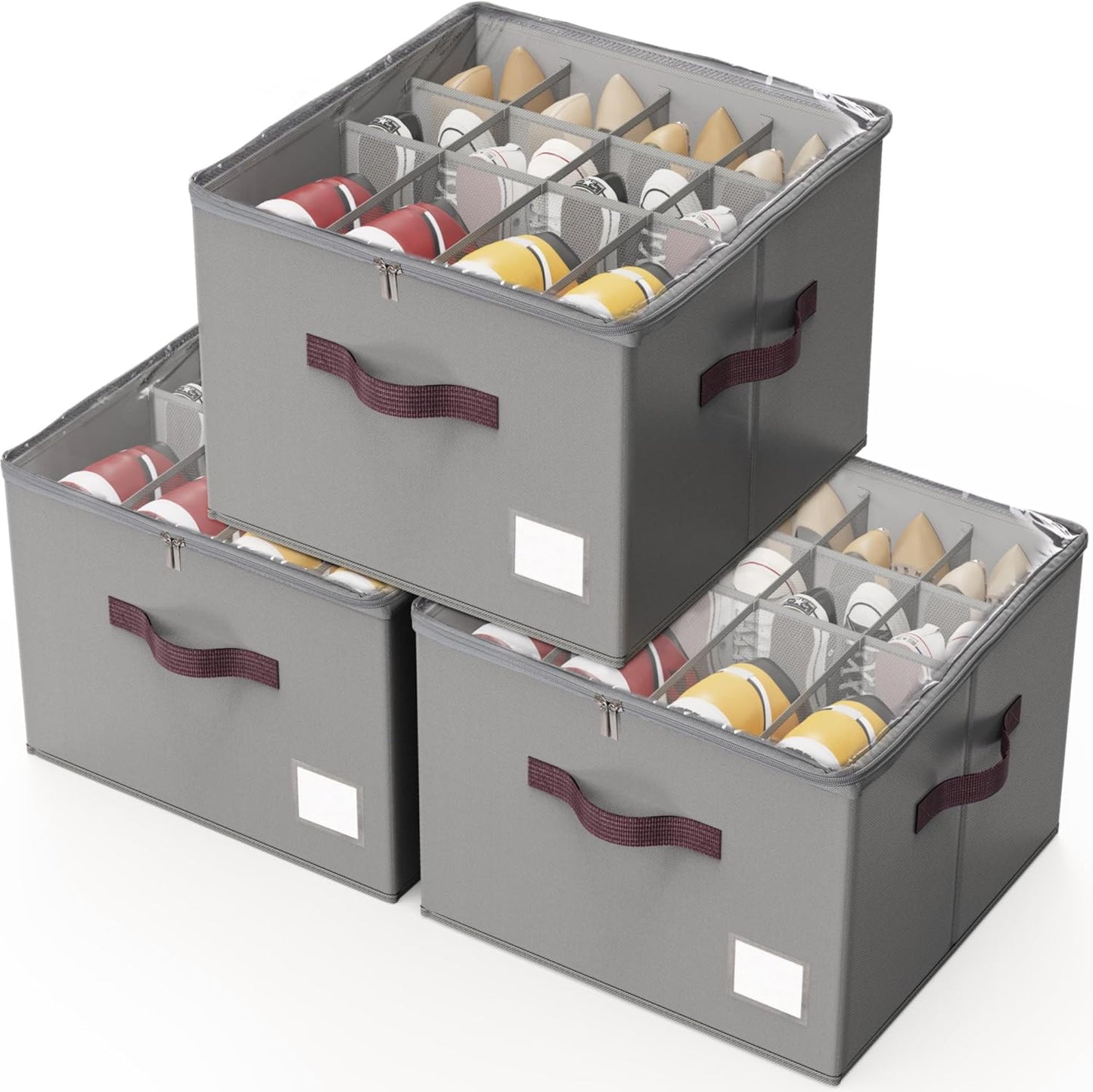 Criusia Shoe Organizer for Closet, 3 Pack Shoe Organizer with Transparent Cover and Sturdy Handles, Closet Shoe Storage for Sneakers Sandals Slippers, Fit 12-16 Pairs, Gray