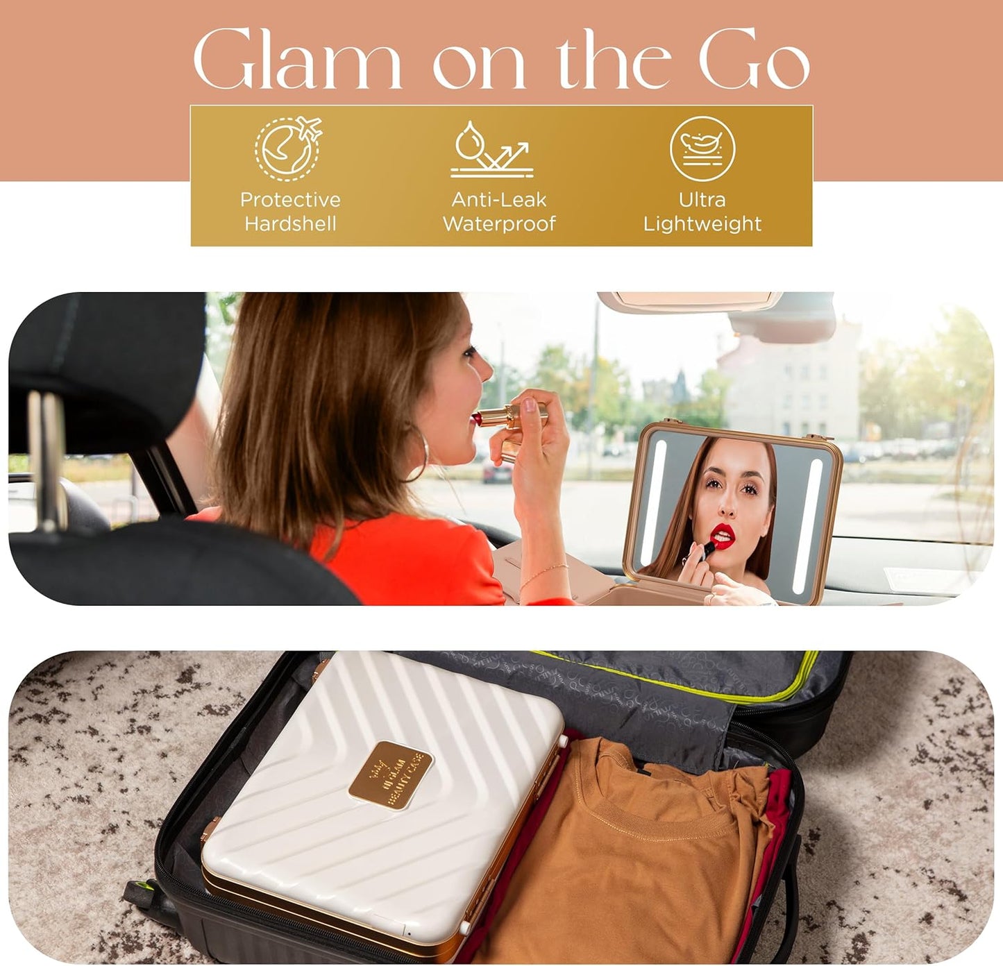 Lighted Makeup Case with Mirror - Portable Travel Makeup Organizer with LED Mirror, 3 Light Settings, Rechargeable Makeup Bag with Mirror and Light - Mini 10x Mirror included