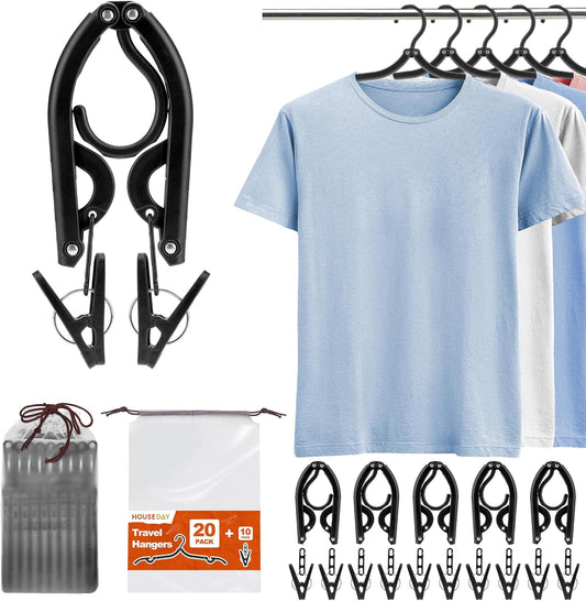 HOUSE DAY Foldable Travel Hangers 20 Pack w/10 Clips, Cruise Essentials 2025, Portable Hangers Collapsible Hanger Plastic, Travel Must Haves for Suitcase, Hotel, RV, Road Trip, Flying, Camping-Black