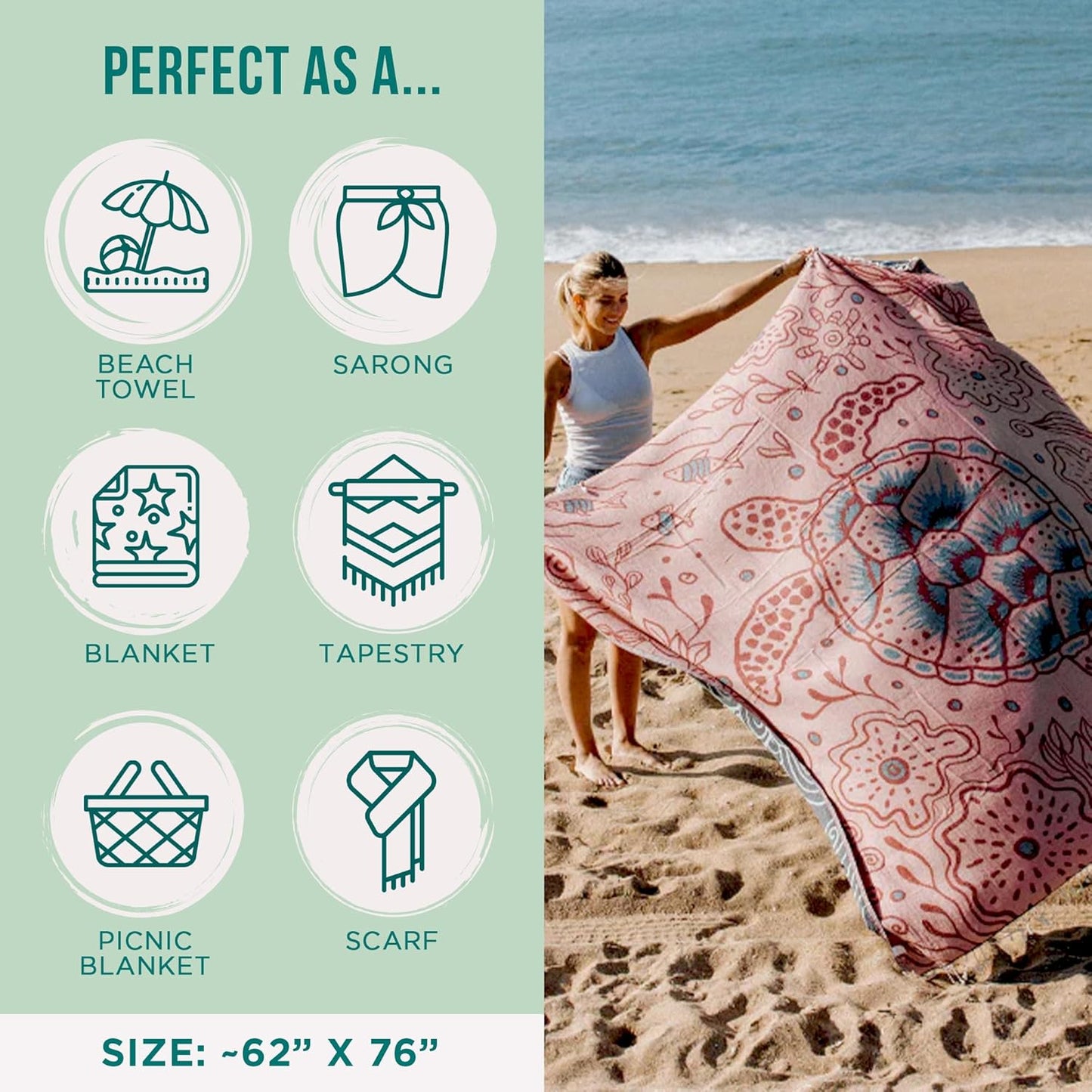 Sand Cloud Extra Large Turkish Beach Towel - Sand Free - 100% Organic Turkish Cotton Yarn - Quick Dry Towel for Beach, Picnic, Blanket or Bath - As Seen on Shark Tank - Marine Life (Boho Hawksbills)