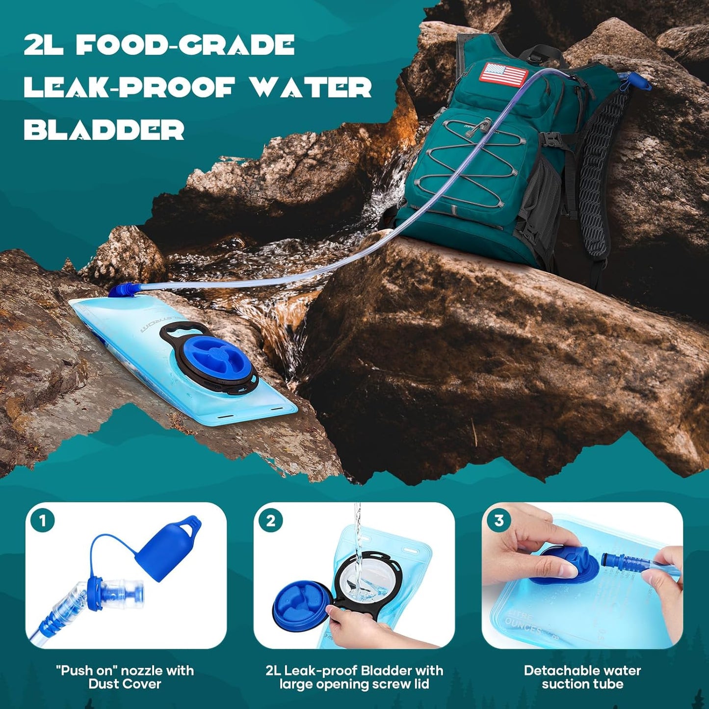 Maelstrom Hydration Hiking Backpack with 2L/3L Water Bladder, High Flow Bite Valve Camping Daypack Lightweight