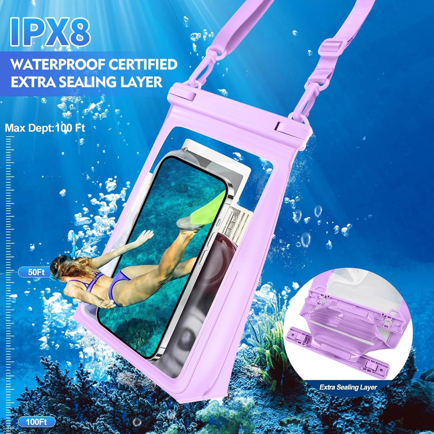Large Waterproof Phone Pouch Floating, Waterproof Phone Case for iPhone 15 14 Pro Max 13 12 Plus 11 XS XR X Samsung up to 8.5'', IPX8 Water Proof Cell Phone Dry Bag for Beach Swimming Kayaking, Purple