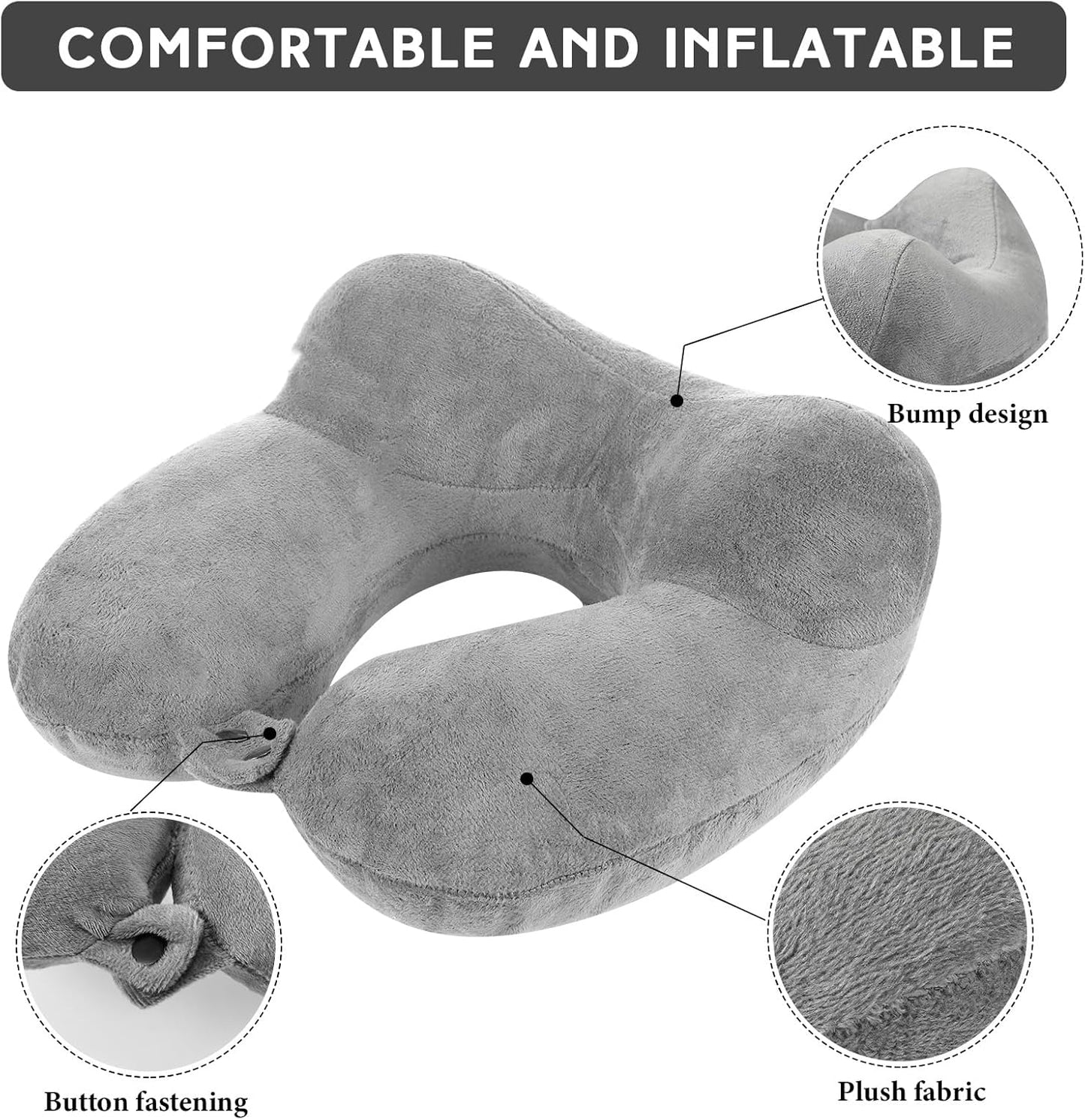 Sintuff 2 Pack Inflatable Travel Pillow for Airplanes Inflatable Neck Flight Pillows with Compact Bag and Blindfold for Traveling, Airplane, Train, Car, Office(Gray)