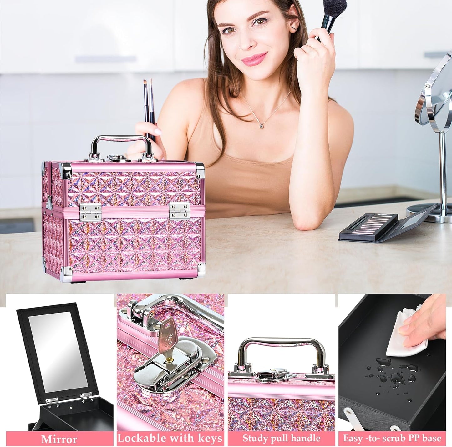 Makeup Case Organizer,Makeup Train Case, Trays Cosmetic Box Portable, Profesional for Salon Barber,Pink