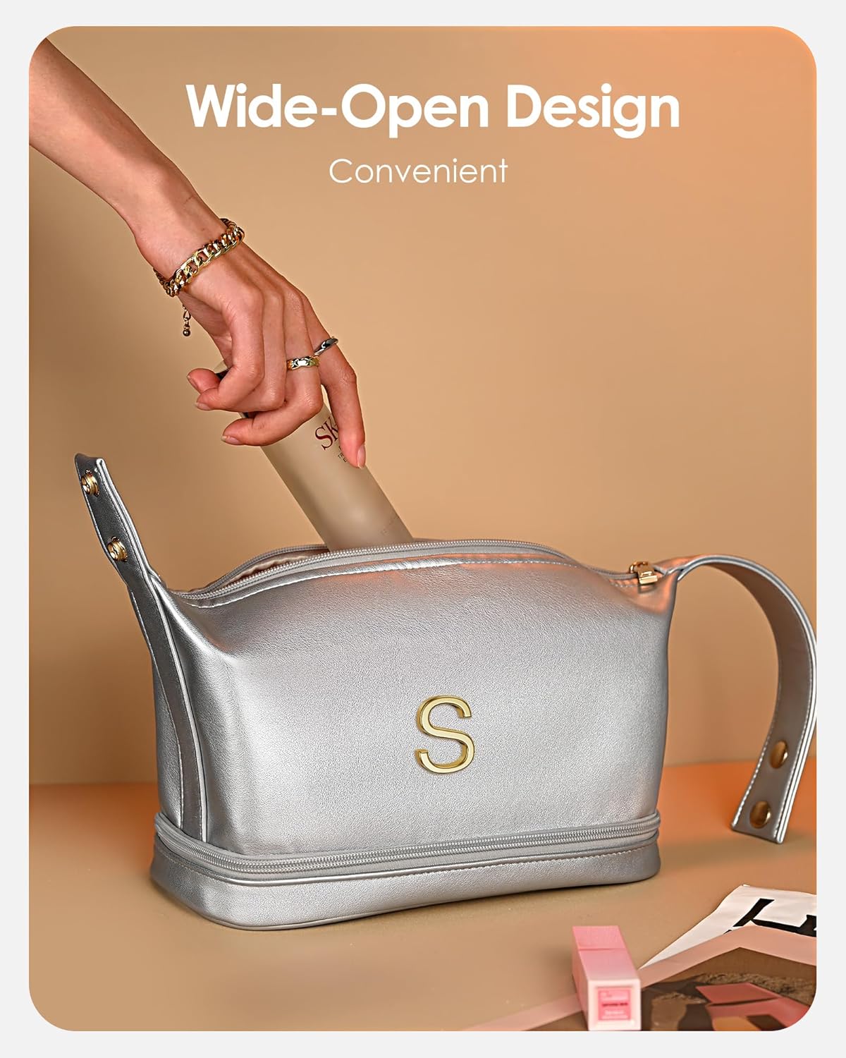 Makeup Bag For Teens 16-18, Personalized Makeup Bag with Handle, Initial Double Layer Cosmetic Bag with Makeup Brush Organizer, Cute Cosmetic Pouch for Women, Gifts for Friends Female Mom