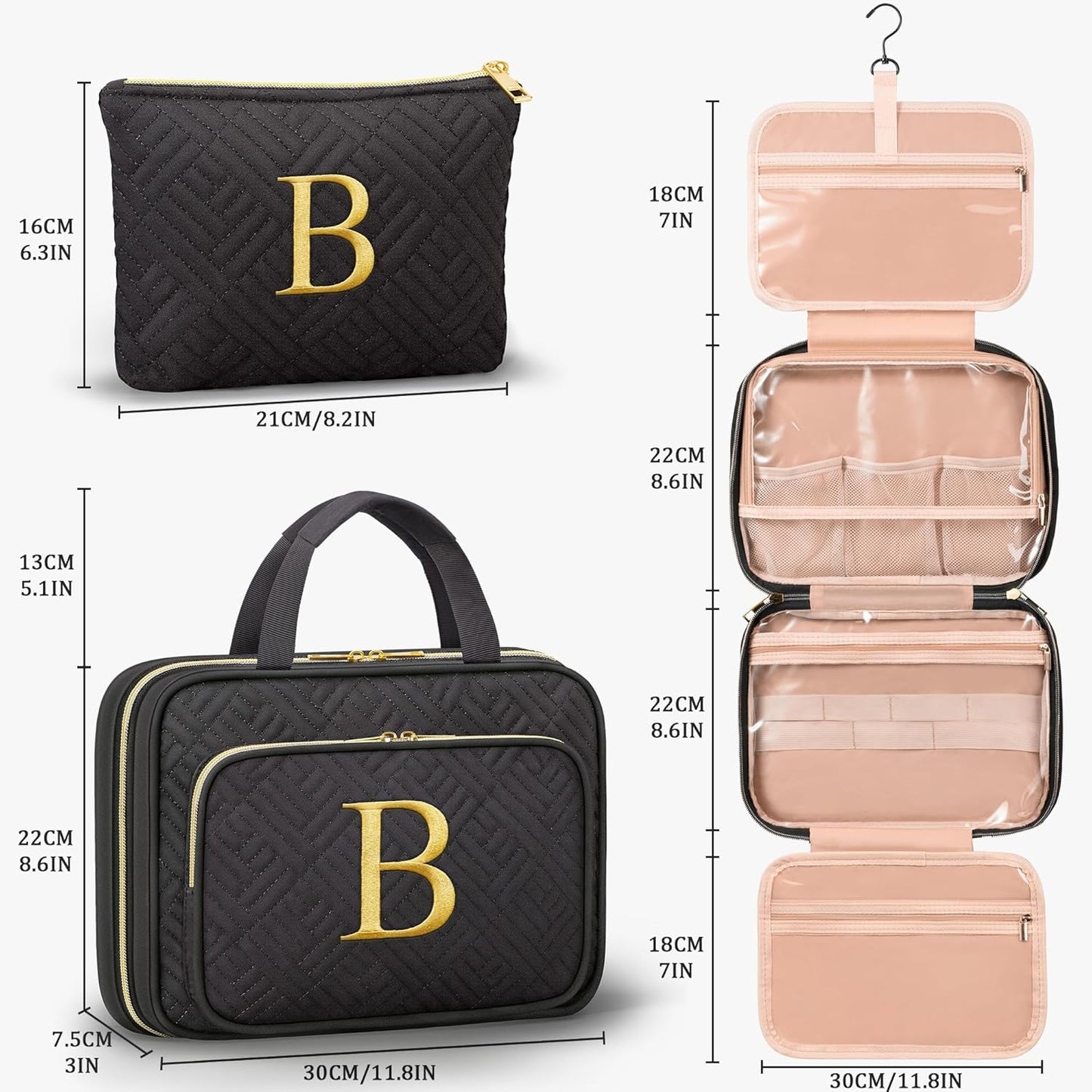 Personalized Gifts for Women, Initial Toiletry Bag Hanging Travel Organizer & Makeup Cosmetic Bag with Embroidery Letter Teacher Appreciation Gift Birthday Mothers Day Gifts for Mom Wife Friend Sister