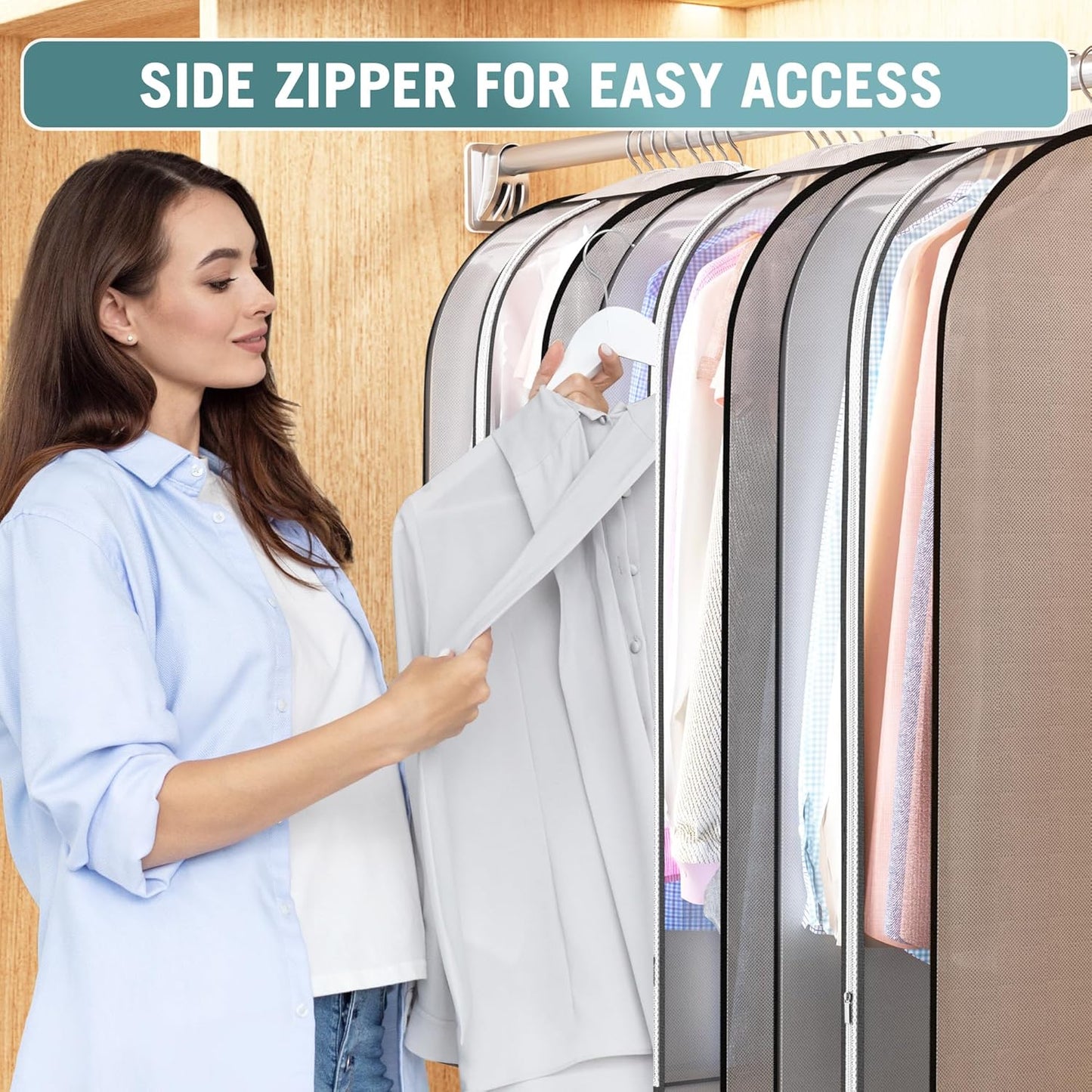 10" Gusseted Garment Bags for Hanging Clothes 32" Suit Bags for Open Closet Storage, Side Clear Clothing Cover for Coat, Dress, Jacket, Shirt, Fur Wardrobe Protector, 3 Packs, Grey