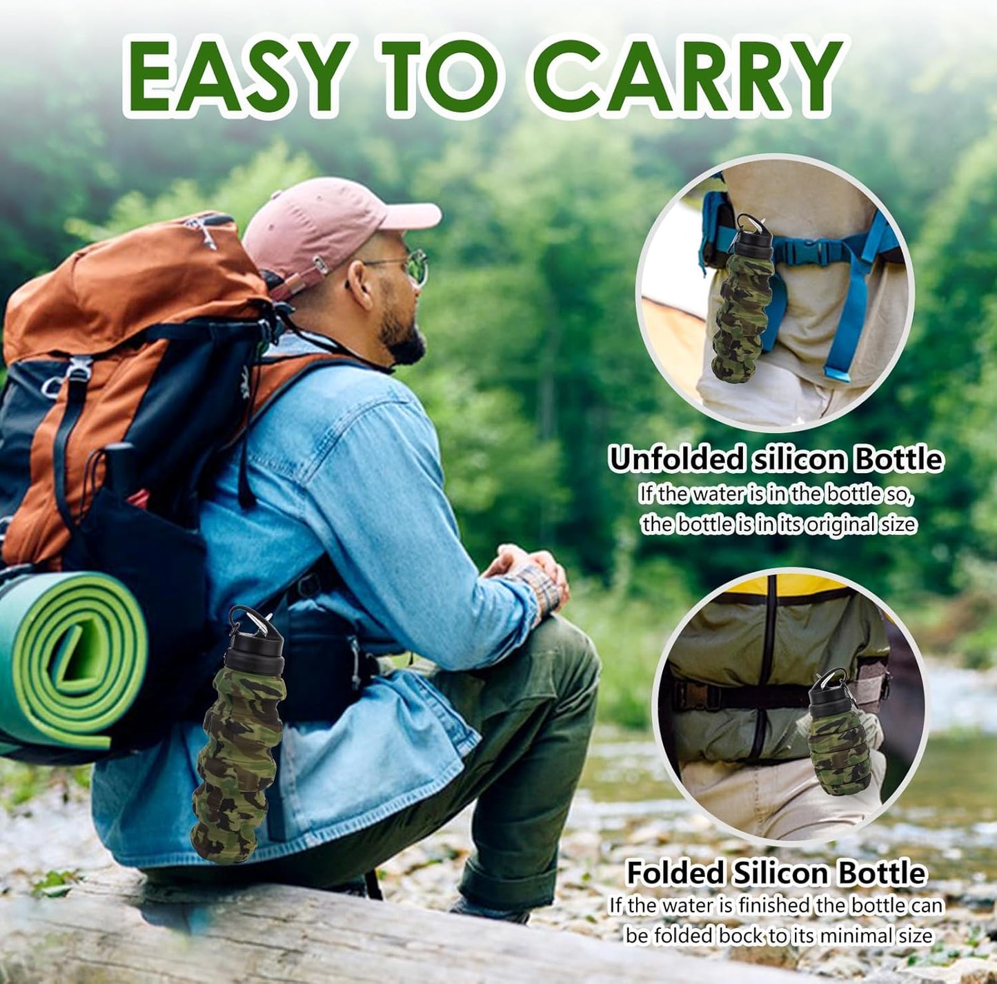 Collapsible Travel Water Bottle18oz, Reuseable Silicone Foldable Water Bottles for Gym Camping Hiking, Portable Leak Proof Sports Water Bottle with rugby Carabiner (Green)