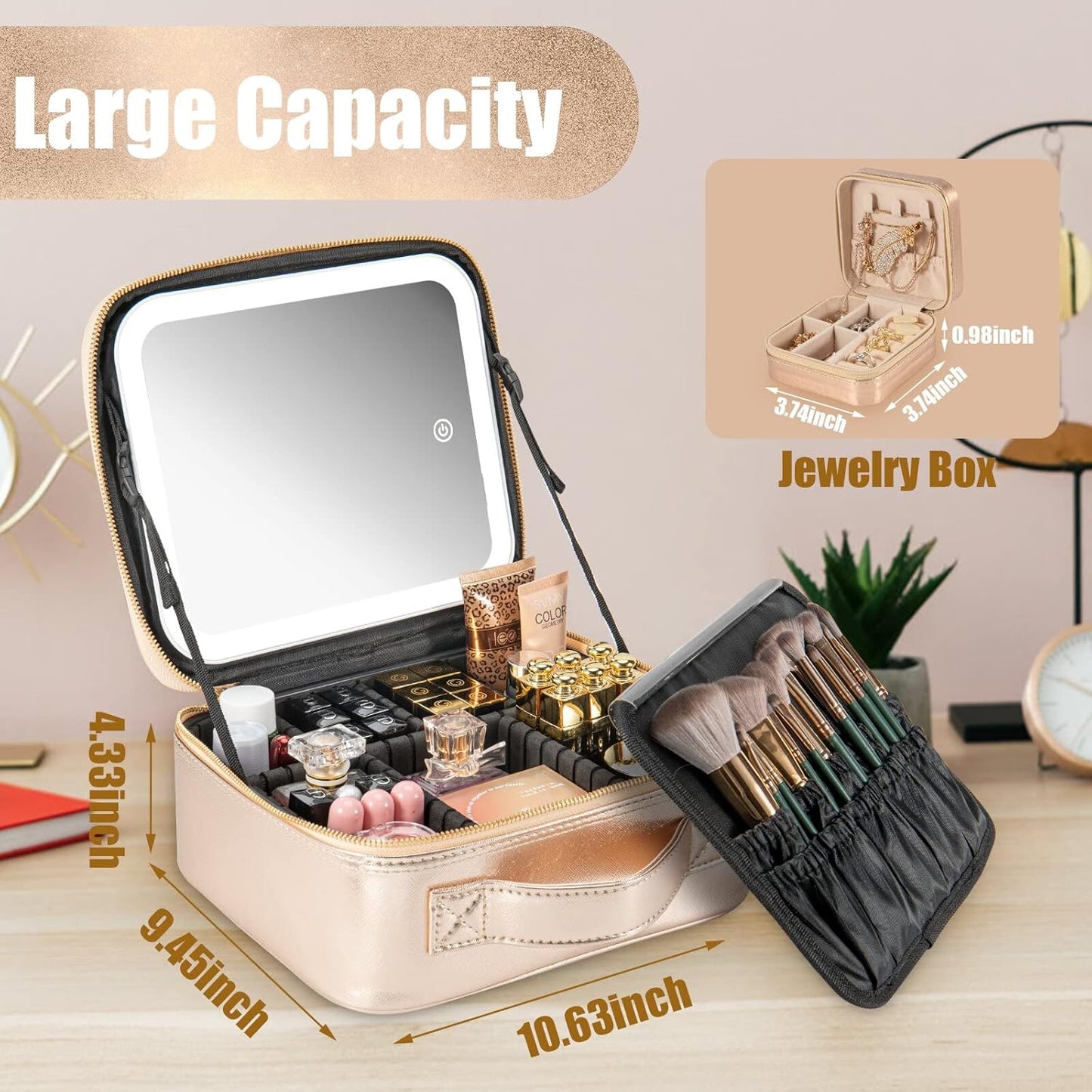 Makeup Travel Train Case with Mirror LED Light 3 Adjustable Brightness Large Cosmetic Bag Portable Storage Adjustable Partition Waterproof Make up Brushes Makeup Jewelry Gift for Women