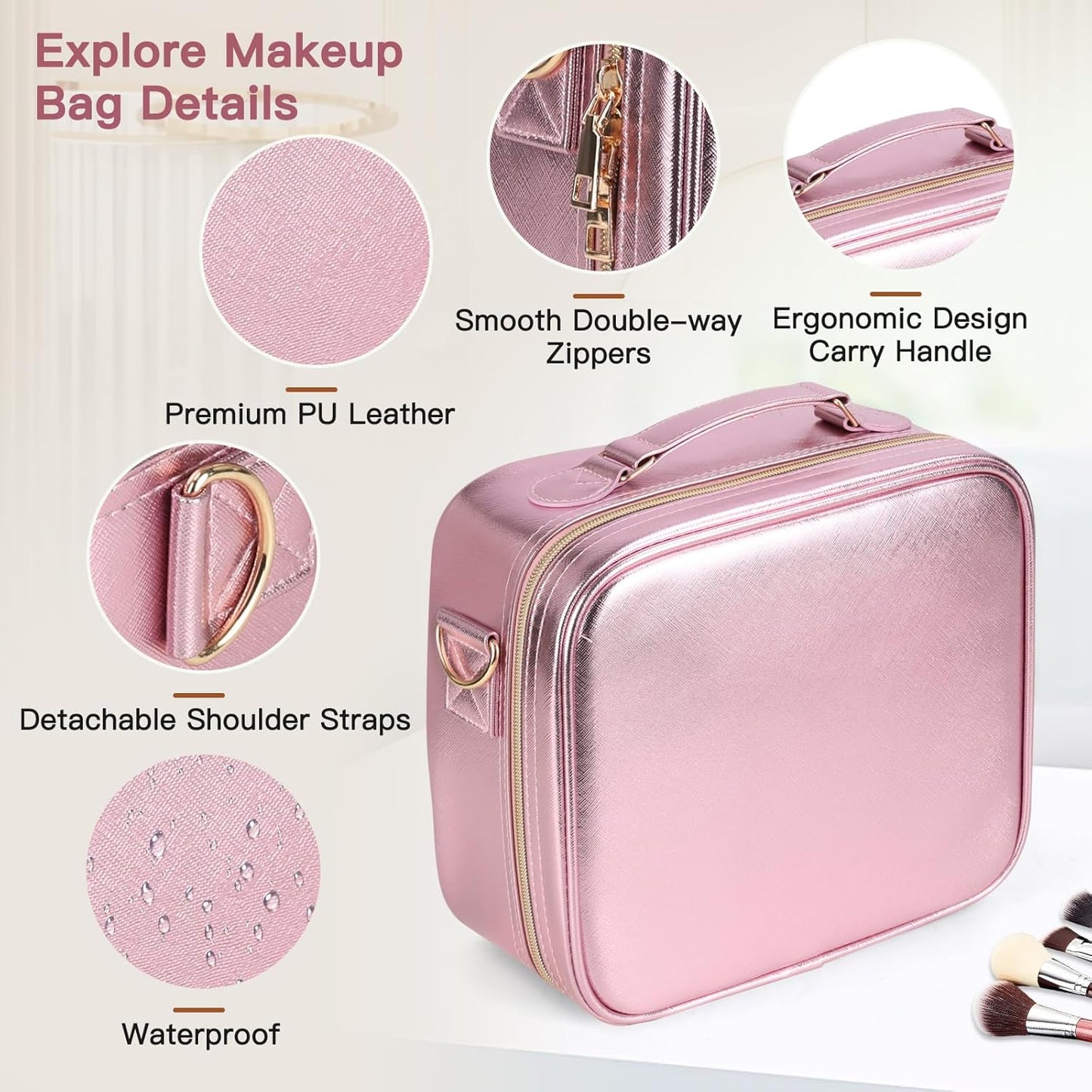 Travel Makeup Bag with LED Mirror, Cosmetic Bags for Women with Light up Mirror, Travel Essentials Makeup Organizer, Makeup Case with Adjustable Dividers and Brush Holder, 3 Color Lights