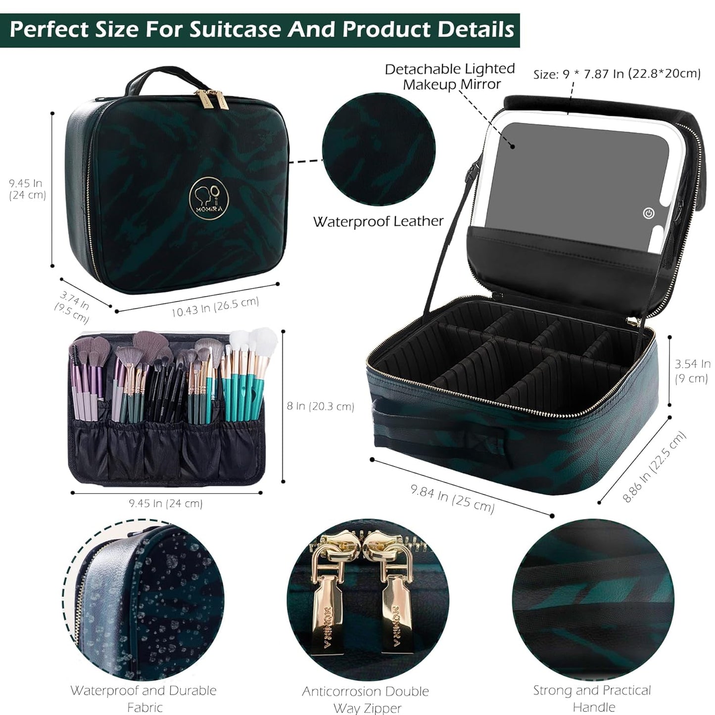 MOMIRA Travel Makeup Bag Cosmetic Bag with Lighted Mirror, Adjustable Brightness in 3 Color Scenarios, Waterproof, 10x Magnifying Mirror, Rotatable Independent Light Mirror- Zebra Green