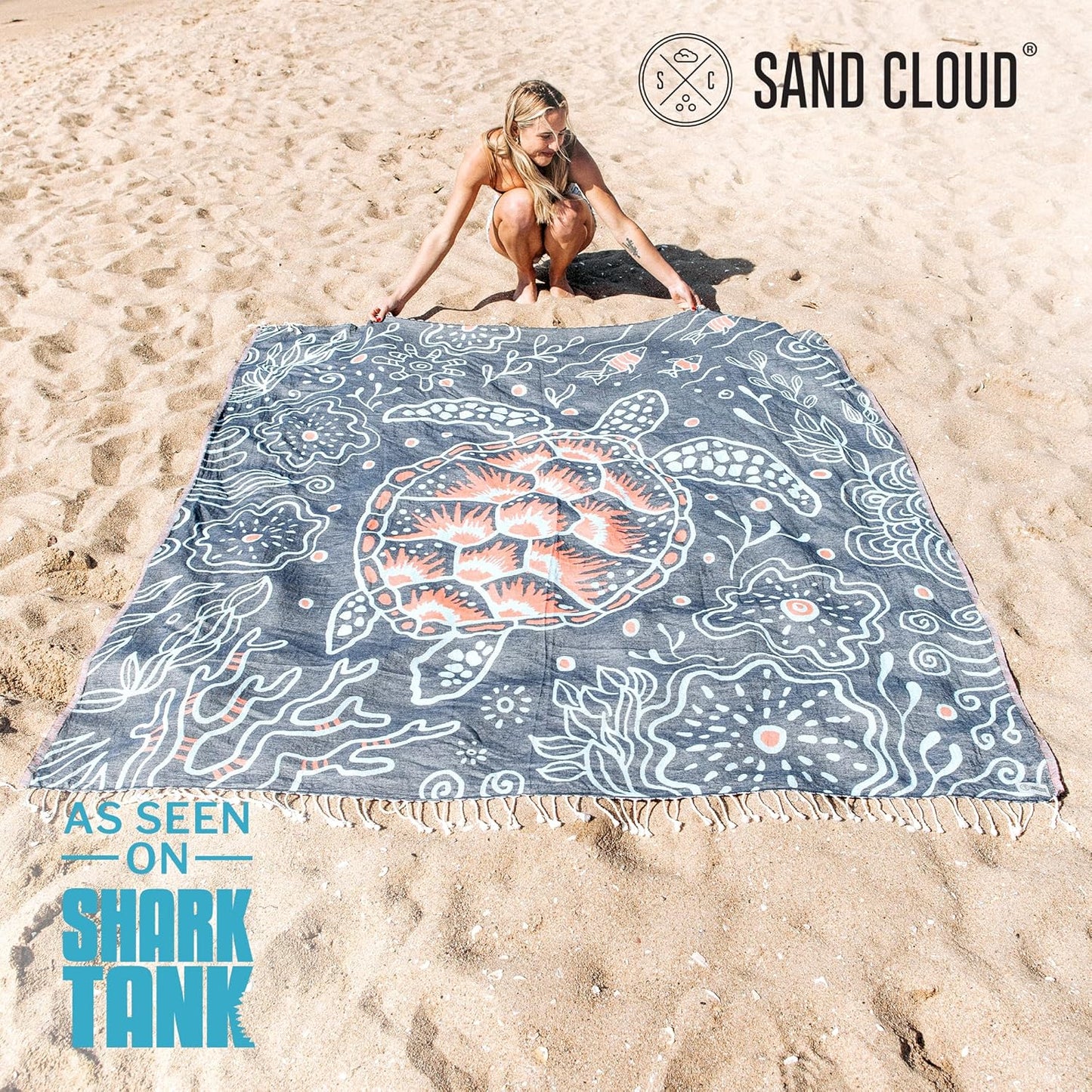 Sand Cloud Extra Large Turkish Beach Towel - Sand Free - 100% Organic Turkish Cotton Yarn - Quick Dry Towel for Beach, Picnic, Blanket or Bath - As Seen on Shark Tank - Marine Life (Boho Hawksbills)