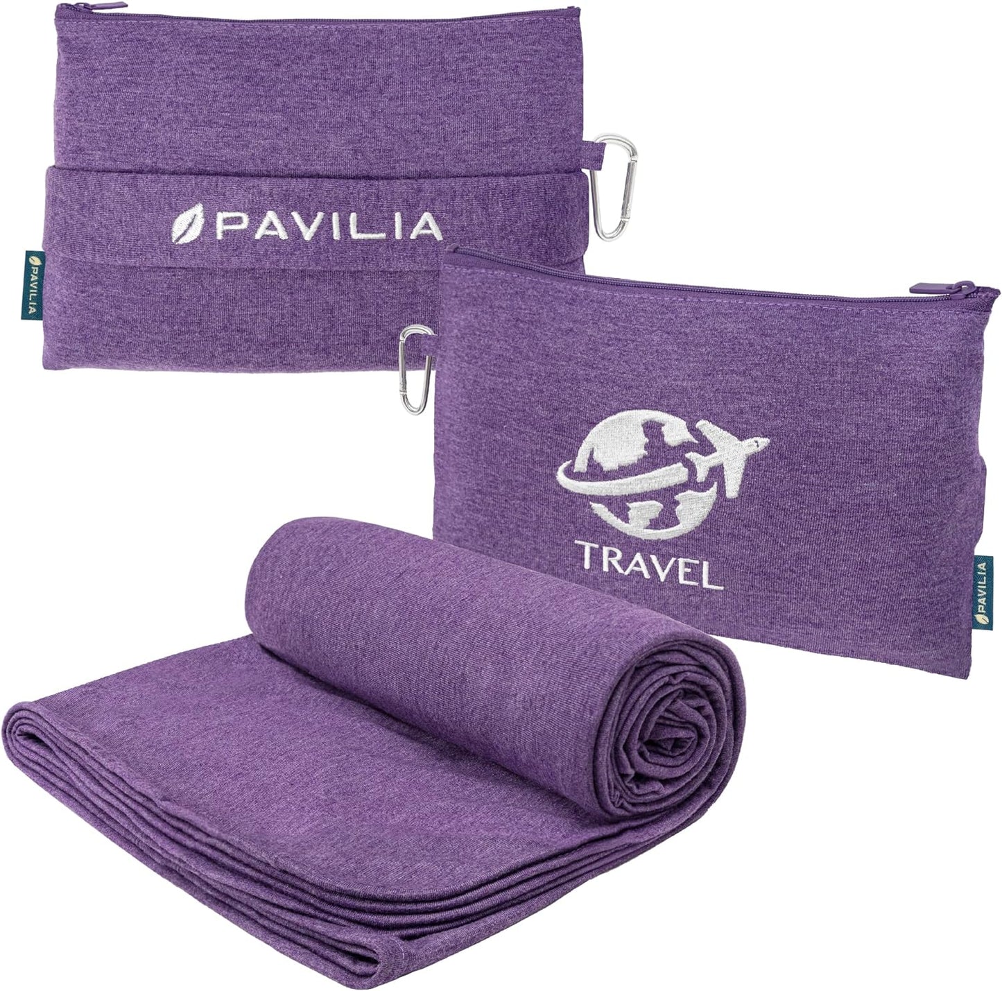 PAVILIA Travel Blanket Compact, Airplane Packable Bag, Soft Fleece Portable Throw Pillow Combo Set, Plane Flight Car Trips Essentials Gift Accessories, Luggage Backpack Clip, Purple, 65 x 40 Inch