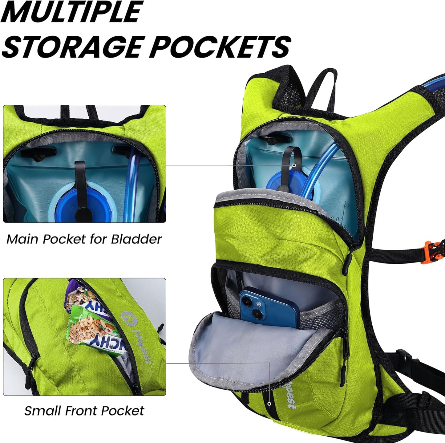 Nepest Hydration Pack Backpack for Women & Men, Lightweight Water Backpack with 2L Water Bladder for Hiking Cycling Running Biking