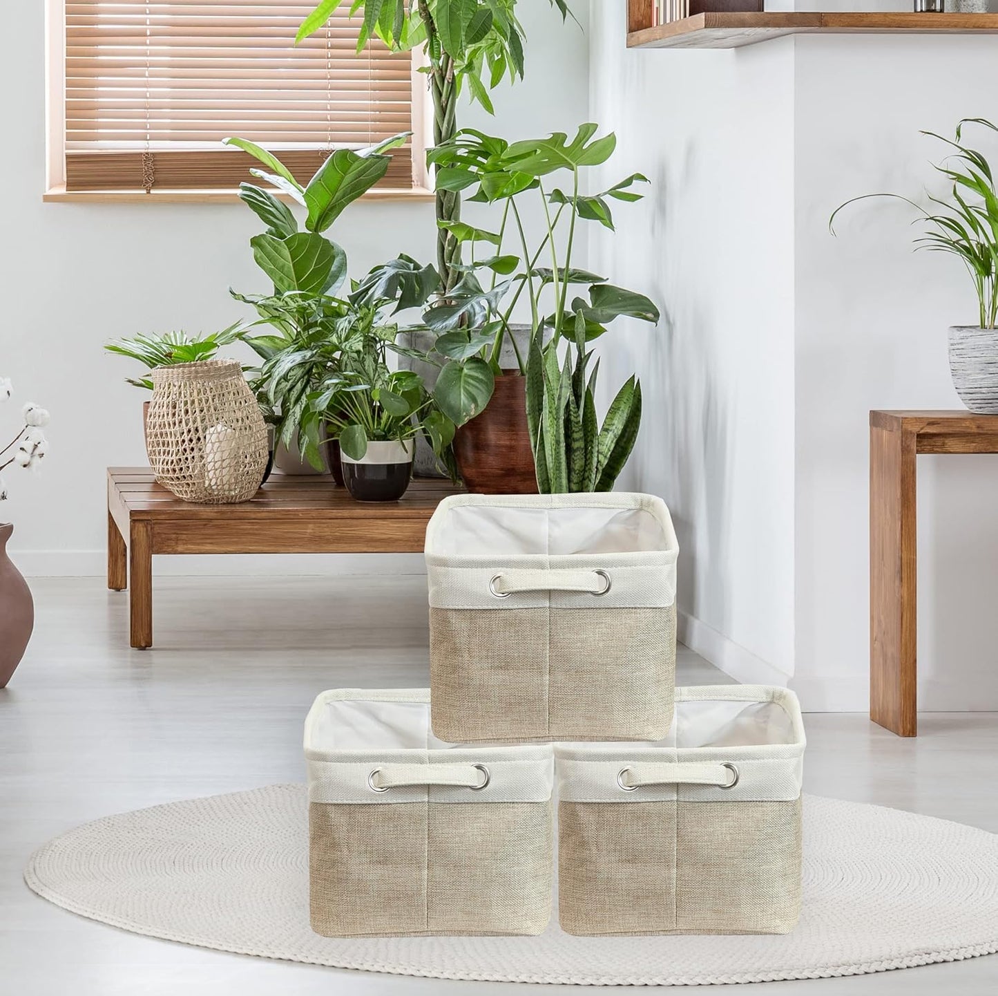 Simple Houseware 14.4" x 10" Fabric Storage Bin with Handles, 3-Pack, Foldable Organizer for Closet and Shelf, Beige