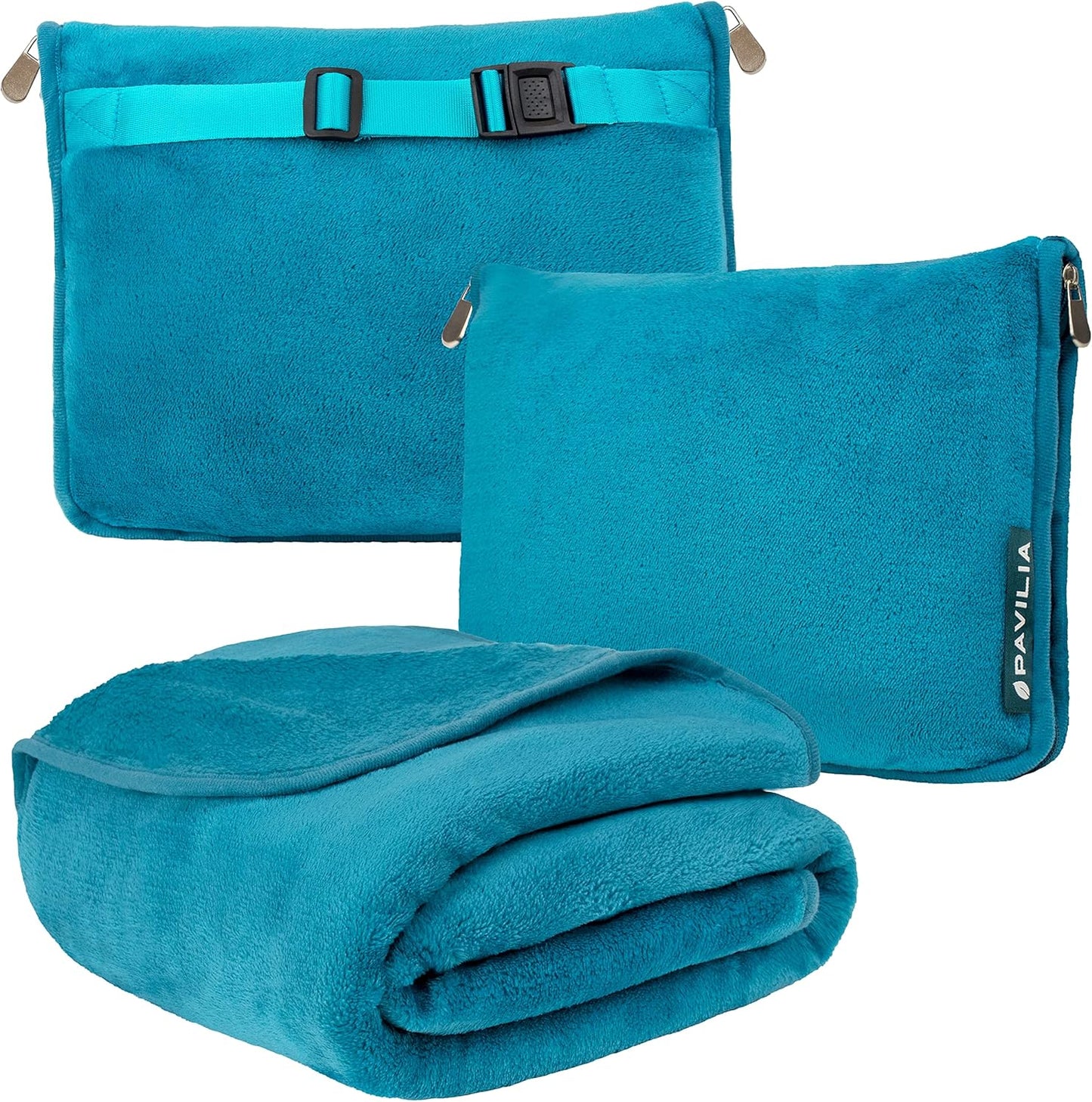 PAVILIA Travel Blanket Pillow, Soft Airplane Blanket 2-IN-1 Combo Set, Plane Blanket Compact Packable, Flight Essentials Car Pillow, Travelers Gifts Accessories Luggage Backpack Strap, 60x43 Teal Blue