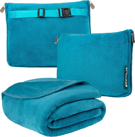 PAVILIA Travel Blanket Pillow, Soft Airplane Blanket 2-IN-1 Combo Set, Plane Blanket Compact Packable, Flight Essentials Car Pillow, Travelers Gifts Accessories Luggage Backpack Strap, 60x43 Teal Blue