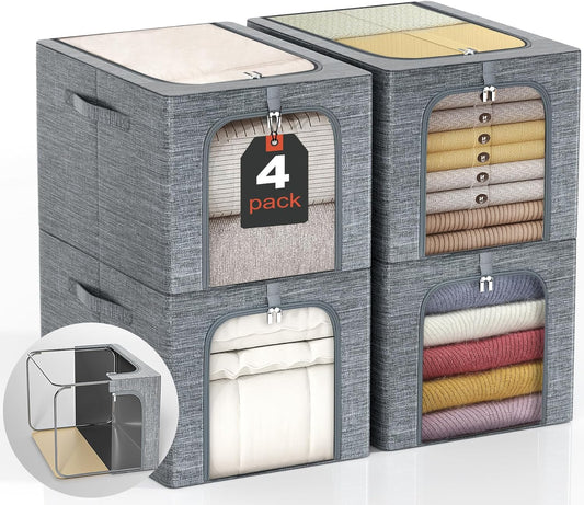 GoMaihe Clothes Storage Bin with Metal Frame: 4-Pack Stackable Closet Storage Bin with Lid & Clear Window, Sweater Boxes Storage for Closet Clothing Bedding Storage Organizer 40L