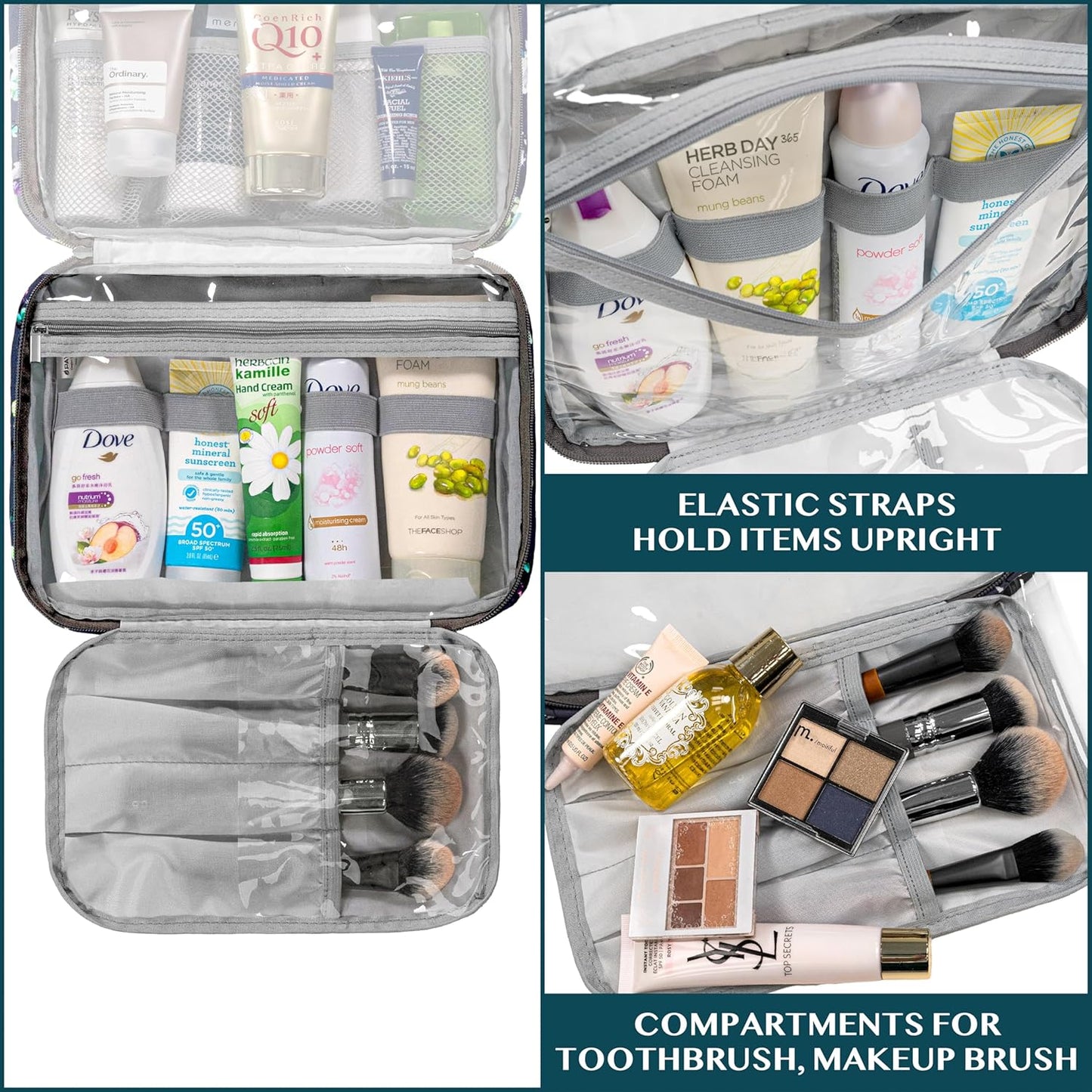 PAVILIA Hanging Toiletry Bag Women Men, Foldable Cosmetic Organizer Travel Bag, Water Resistant Makeup Bag Toiletries, Large Travel Essentials Kit (Grey Floral)