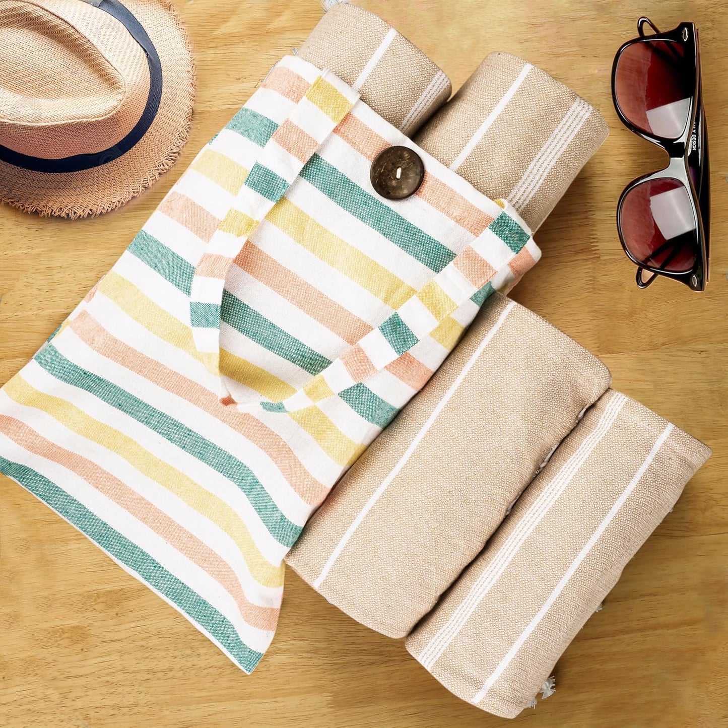 HILLFAIR Cotton Turkish Beach Towels, Quick Dry Lightweight Sand Free Peshtemal Towel for Bath Swim Yoga Spa Travel, Beach Accessories, Oversized Cotton Turkish Towels (39 x 72 inch- 4 Pack Beige)