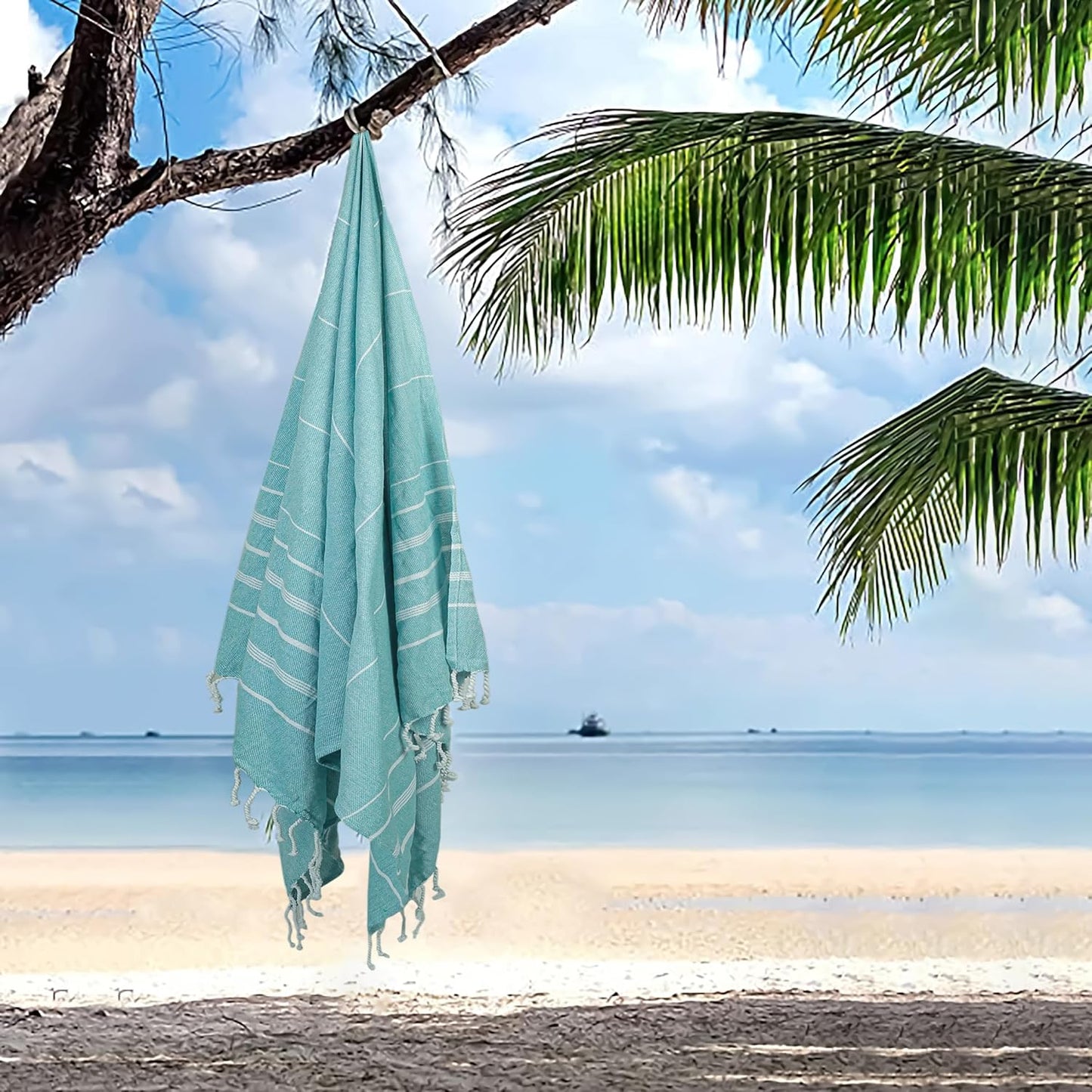 HILLFAIR Cotton Turkish Beach Towels, Quick Dry Lightweight Sand Free Peshtemal Towel for Bath Swim Yoga Spa Travel, Beach Accessories, Oversized Cotton Turkish Towels (39 x 72 inch- 4 Pack Aqua)