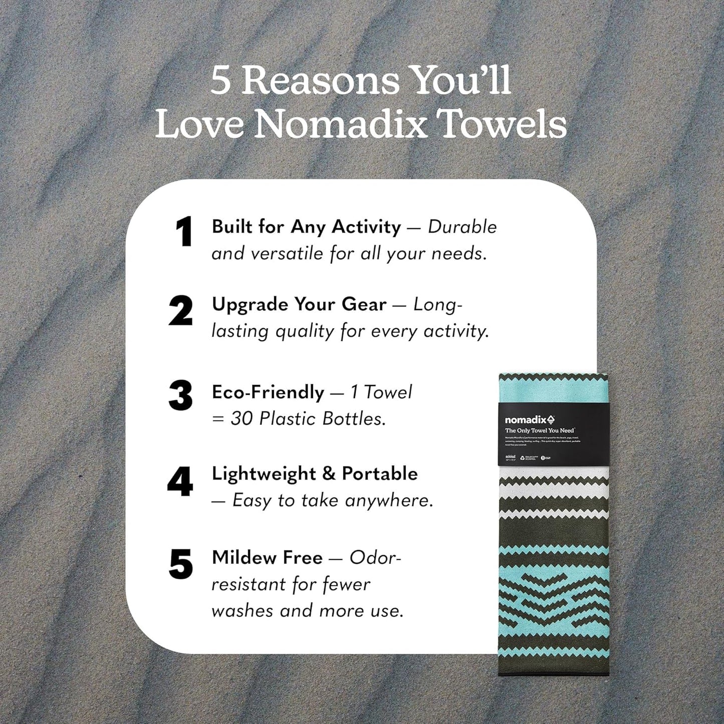 Nomadix Original Towel - Perfect for Beach, Pool, Travel, Camping, Yoga - Made with Recycled Materials - Super Absorbent - Sand Resistant - Baja Aqua - 72.5x30