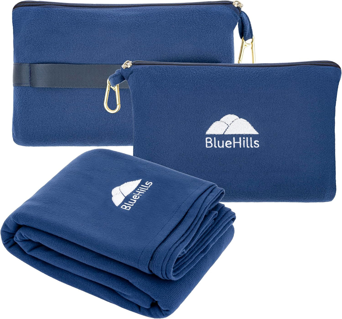 BlueHills Travel Blanket Pillow Compact Lightweight Pocket Size Airplane Traveling Essential Flight Trip Throw in Bag Portable Case Plane Accessory Navy Blue L04
