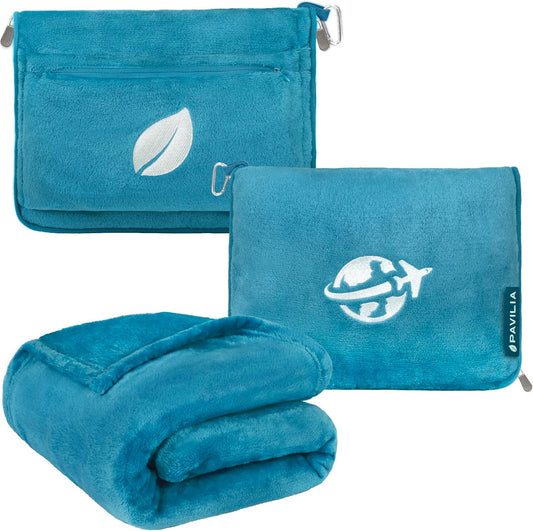 PAVILIA Travel Blanket and Pillow, Arms Opening Airplane Blankets for Adults, Compact Plane Blanket with Arm Hole 2-in-1 Bag for Flight Car Camping Fit in Luggage Backpack Traveler Gift, Teal Blue