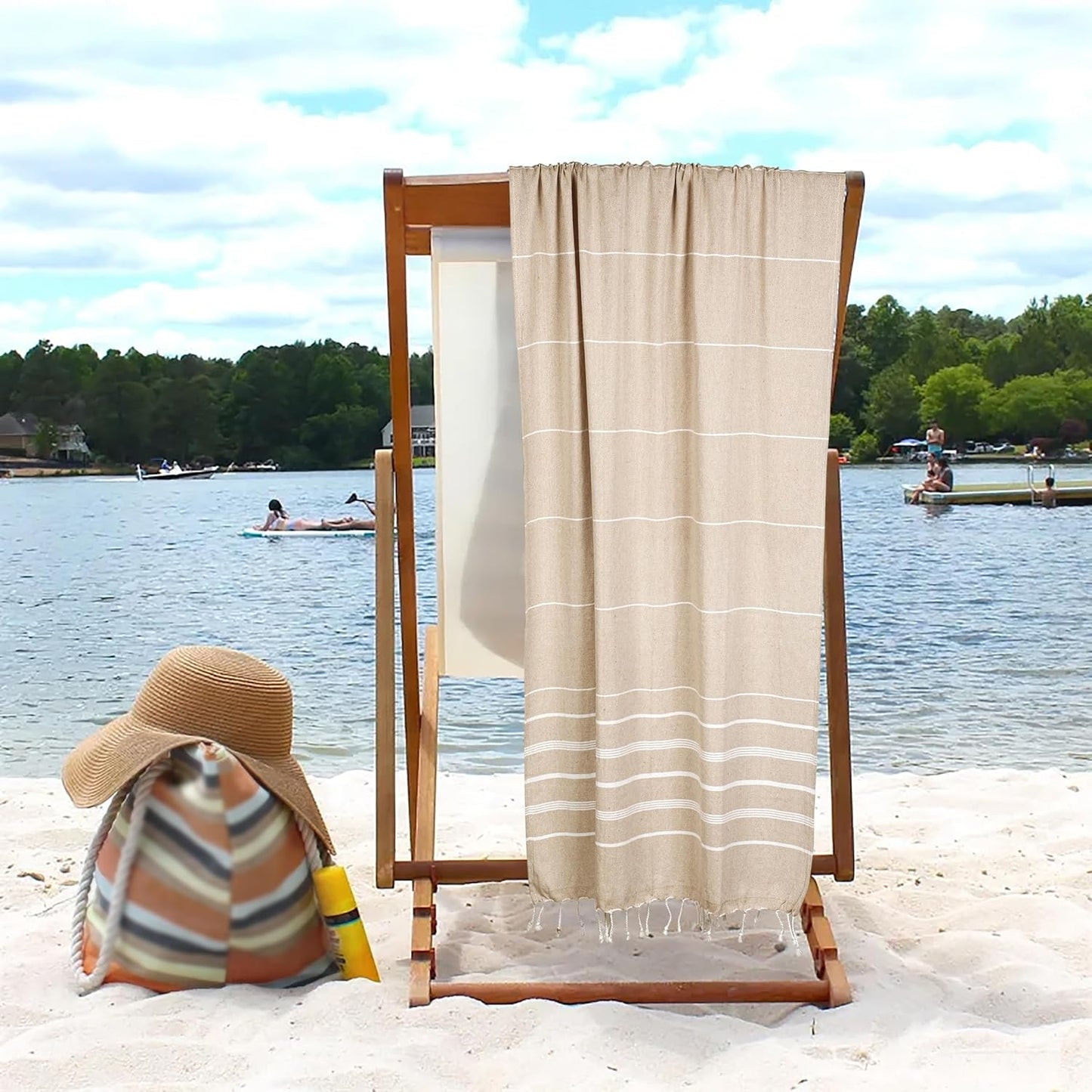 HILLFAIR Cotton Turkish Beach Towels, Quick Dry Lightweight Sand Free Peshtemal Towel for Bath Swim Yoga Spa Travel, Beach Accessories, Oversized Cotton Turkish Towels (39 x 72 inch- 4 Pack Beige)